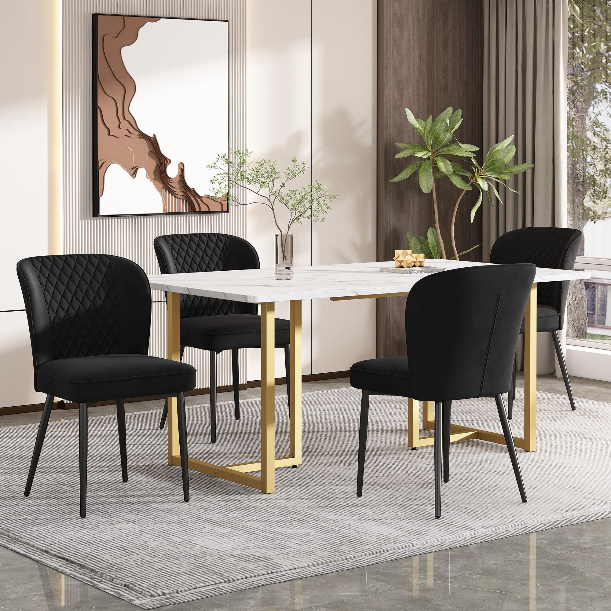 BlingBin Essgruppe, (5-tlg., Esstisch mit 4 Stühlen, 140×80cm Küchentisch), Weißer MDF-Desktop, Spleißen von Tischplatten, Samt Esszimmerstühle