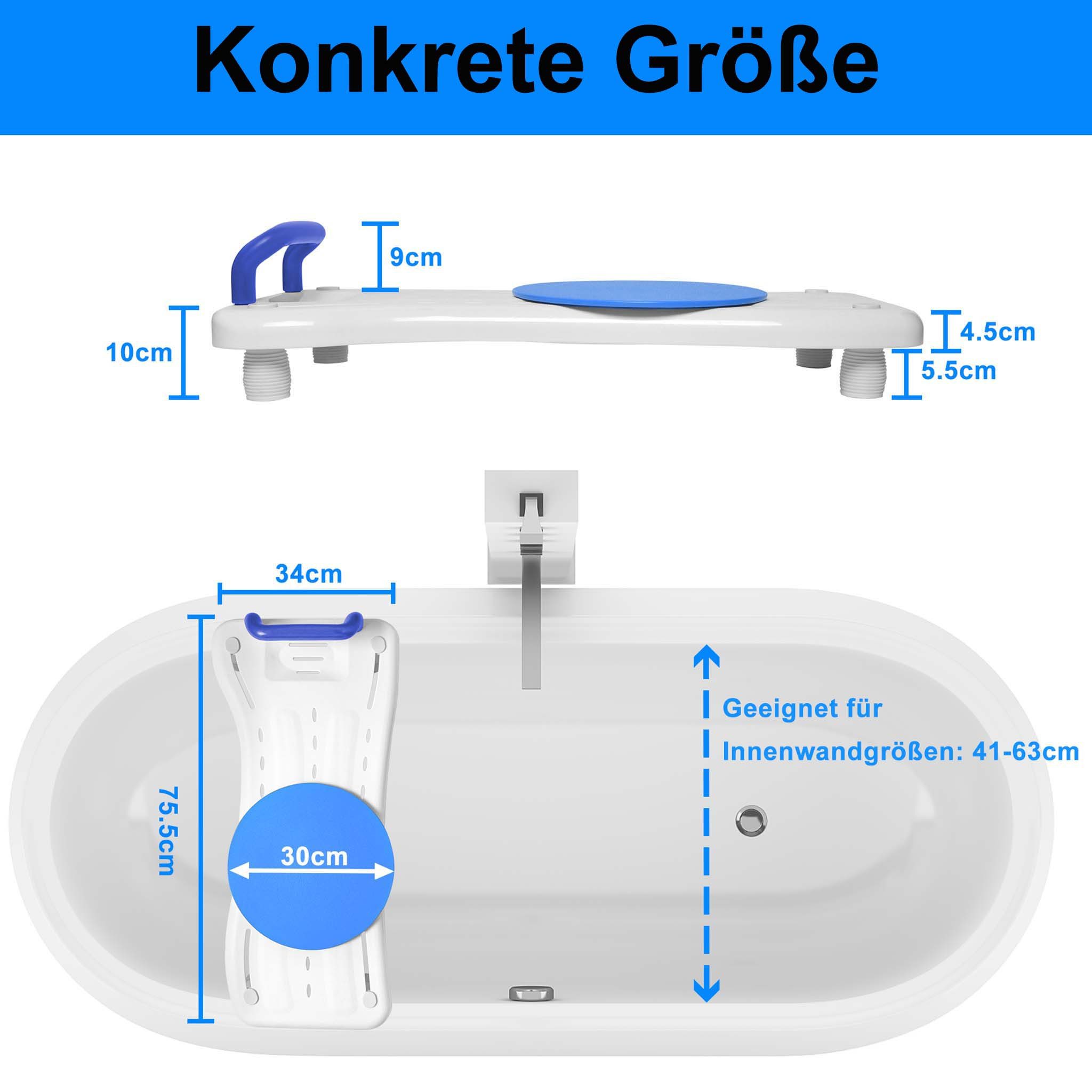 FIVMEN Badewannenbrett Badewannensitz Senioren Erwachsene Wannensitz, belastbar bis 150 kg, mit Seifenablage, Drehscheibe Griff, Stuhl für Badezimmer Erwachsene