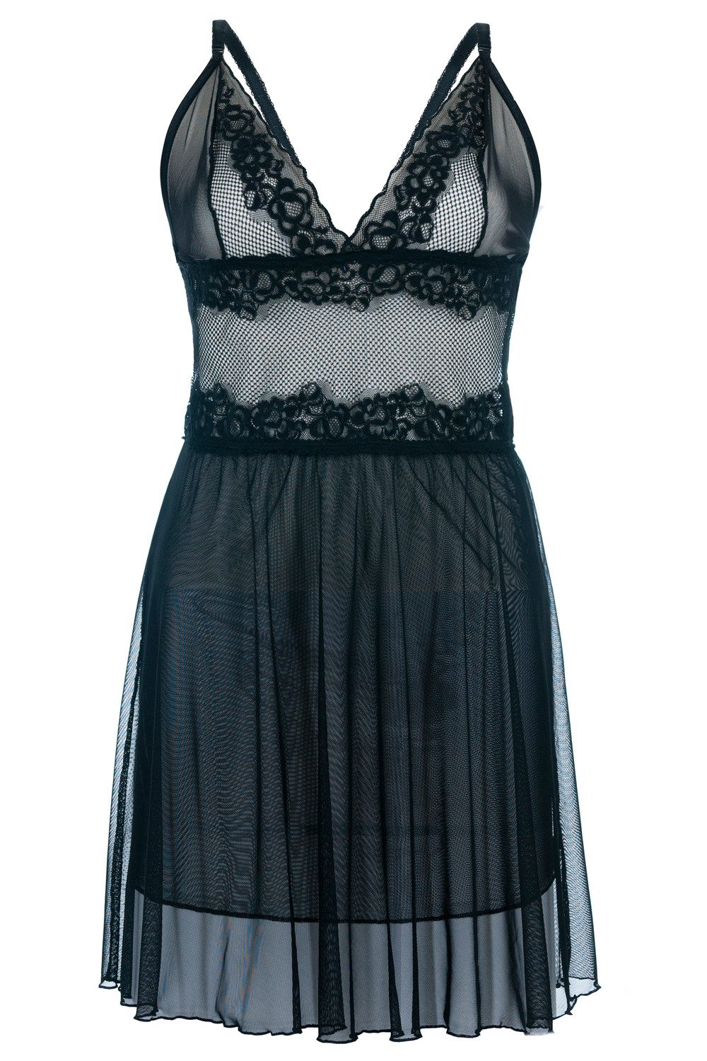 Andalea Negligé Schwarzes Tüll Chemise transparent mit Spitze Damen Negligee XXL Plus