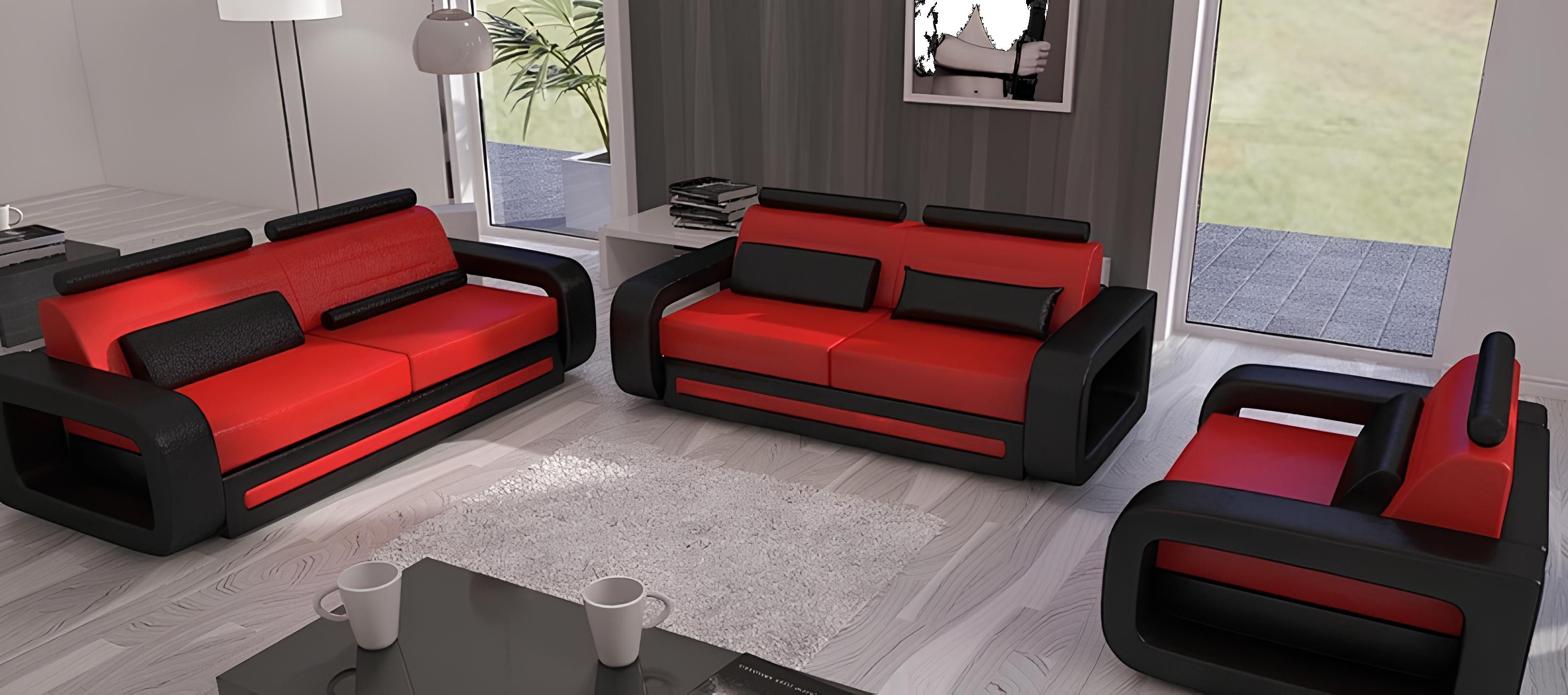 Xlmoebel Polstergarnitur Sofagarnitur Davos aus Leder mit modernem Design und hohem Komfort, (SOFAGARNITUR 3+2+1 SITZER DAVOS "ROT / SCHWARZ), Hergestellt in Europa