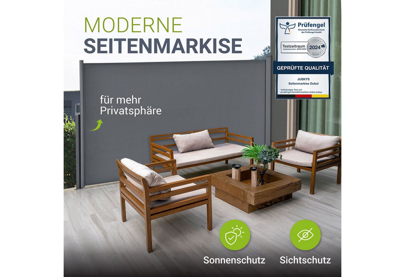 Thumbnail - Juskys Seitenmarkise Dubai Sonnen- & Sichtschutz, Ausziehbare Markise