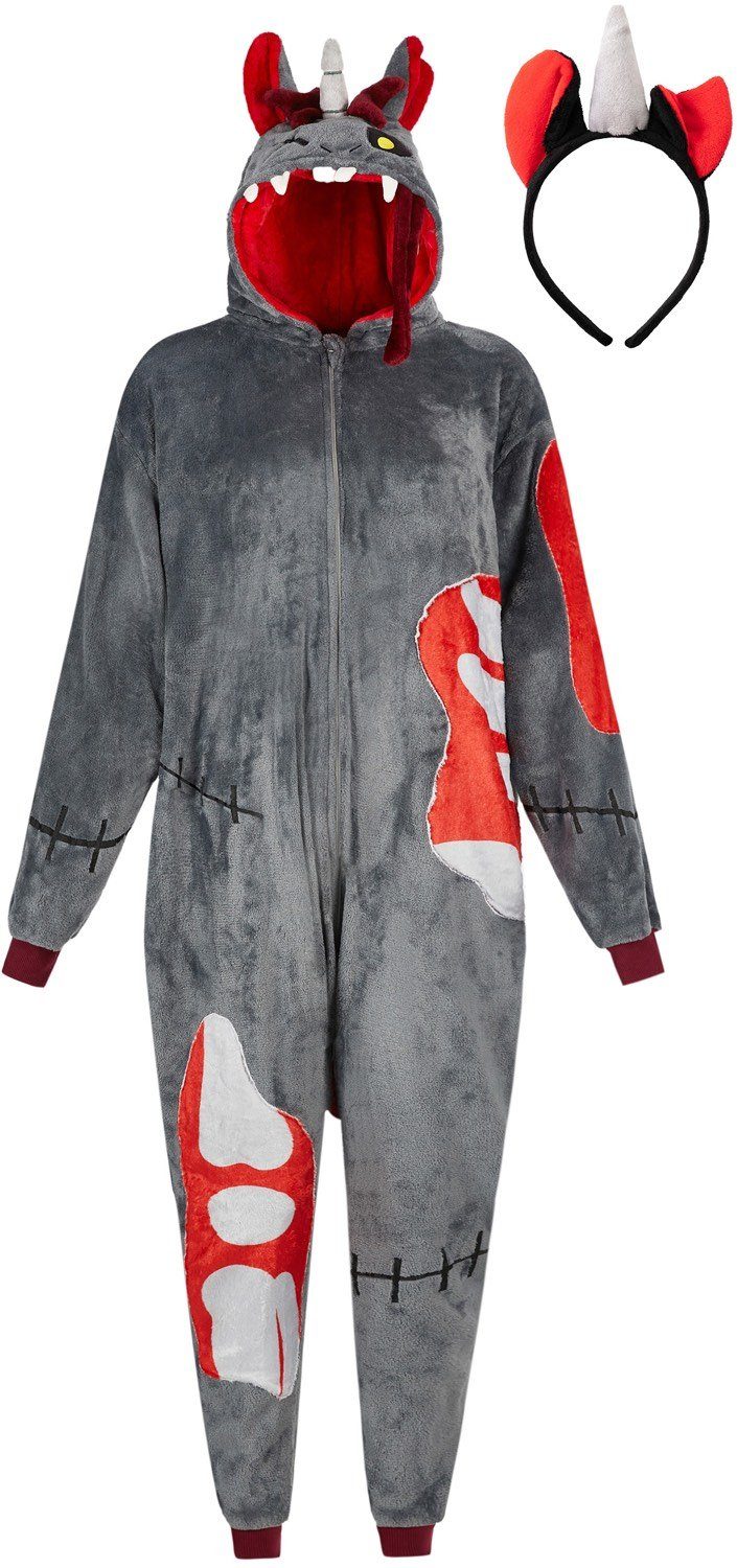 Corimori Jumpsuit Flauschiges Zombie Einhorn Kostüm für Kinder mit Haarreif,  Karneval (2-tlg) Jumpsuit, Fasching, Kigurumi, Halloween, Grusel Zombie Einhorn "Doomy"