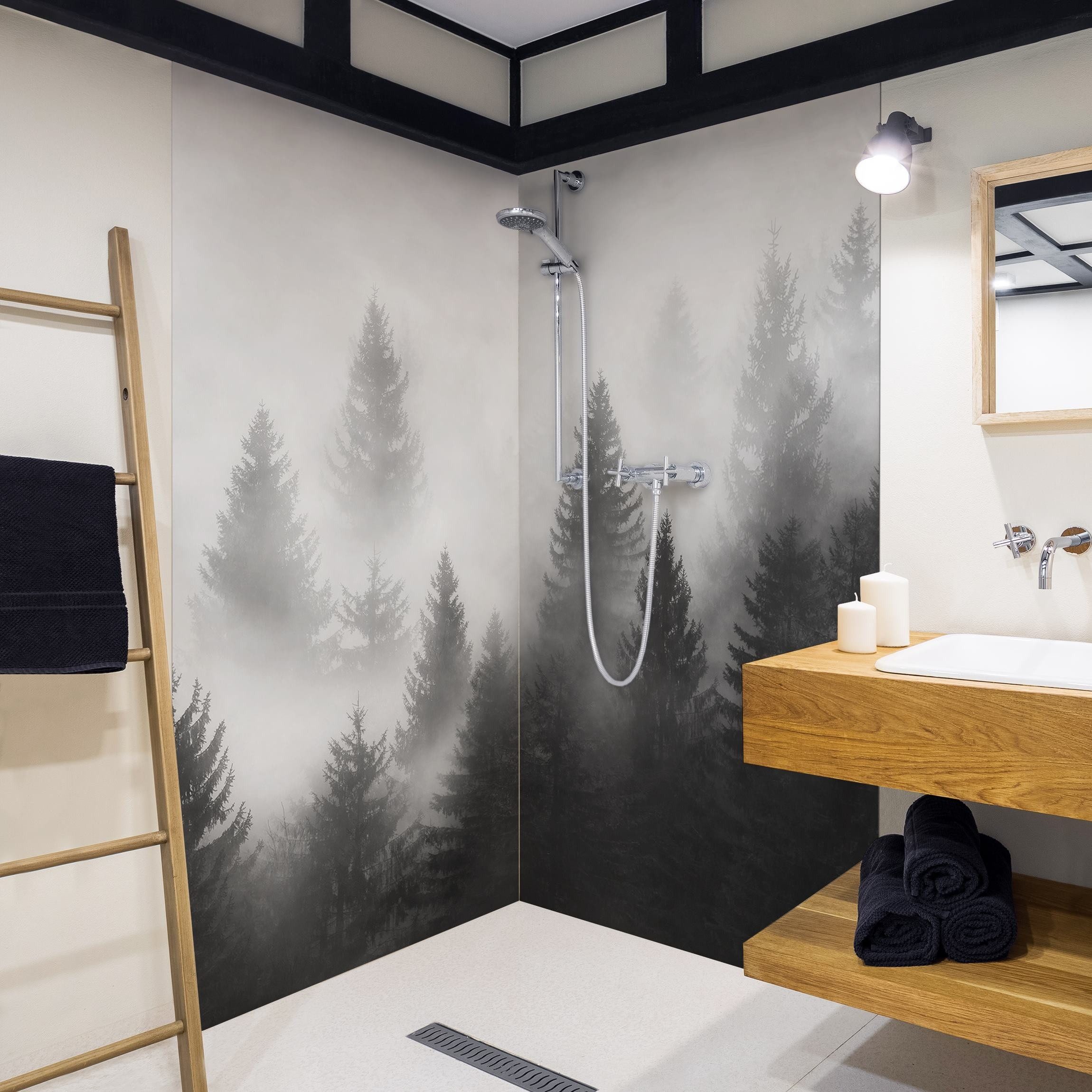 Thumbnail - Bilderdepot24 Duschrückwand Wald schwarz weiß Badrückwand ohne Bohren Dusche Natur, (2-tlg., 0,61 mm starke Folie selbst...