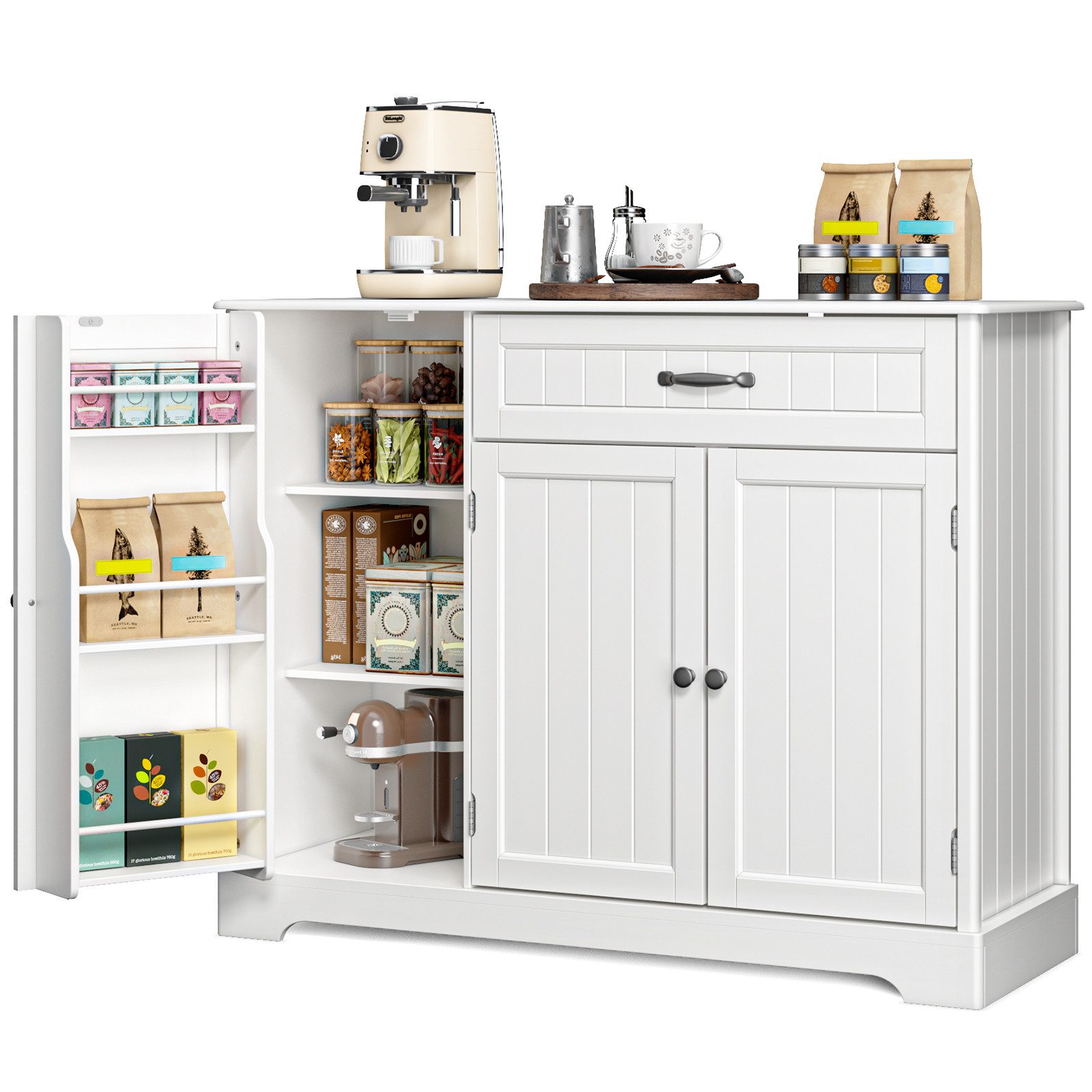 Blishom Sideboard Küchenschrank Sideboard mit Stauraum, Schublade, Sideboard mit Schublade, Doppeltüren und Gewürzregal-Tür