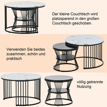 BlingBin Satztisch Moderner Nesting-Couchtisch, Couchtisch-Set (Sofa-Beistelltisch mit Hochglanz-Tischplatte), schwarzer Rahmen, verstellbaren Fußstützen, Marmormuster