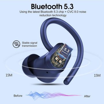 Poounur Kabellos Bluetooth 5.3, 50Std Ultraleicht Earbuds mit Bügel In-Ear-Kopfhörer (Kabellos Musik genießen, dank Bluetooth 5.3 Technologie und stabilen Verbindungen., Noise Cancelling OhrhörerHiFi StereoLED Anzeige IP7 Wasserdicht Joggen)