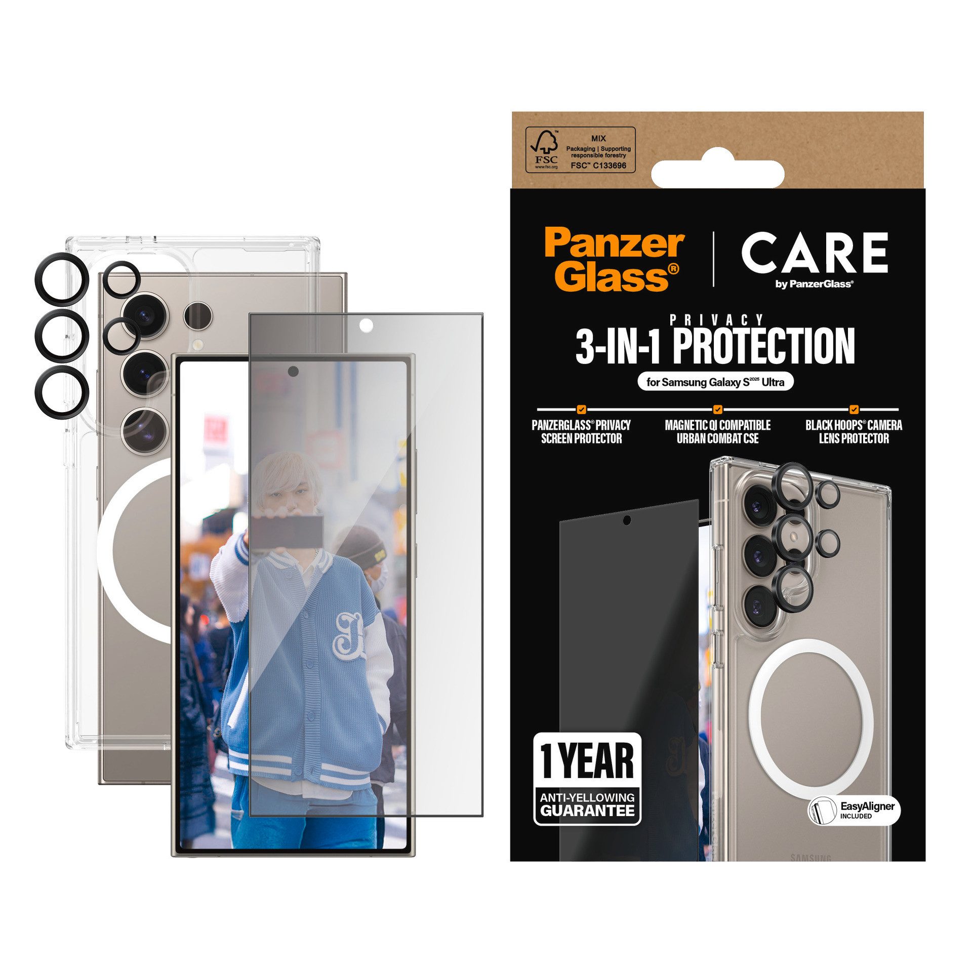 CARE by PanzerGlass Displayschutzglas 3-in-1 Privacy Protection Set für Samsung Galaxy S25 Ultra, Blickschutz, Schutzfolie, Bildschirmschutz, kratz- & stoßfest