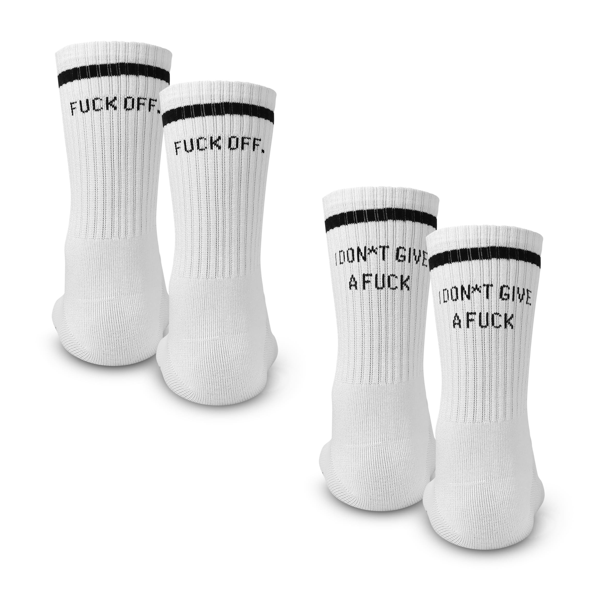 Made by Nami Socken Crew Socks 2-er Set aus Baumwolle, Herren & Damen (2-Paar) Weiße Retro Tennis Socken mit Sprüchen, Atmungsaktiv, "F**k Off"