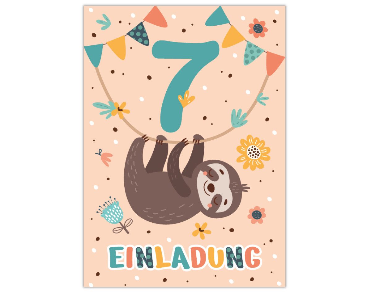 JUNAPACK Einladungskarten Faultier Einladungen zum 7. Geburtstag Karten für Kinder Tiere, Einladungskarten zum 7. Geburtstag mit Faultier Motiv
