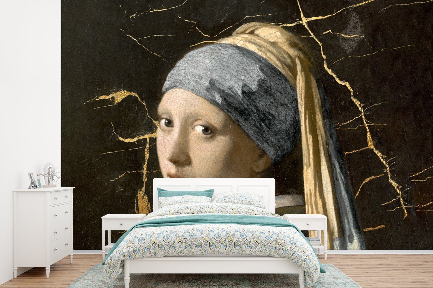 MuchoWow Fototapete Mädchen mit Perlenohrring - Vermeer - Marmor, Matt, bedruckt, (6 St), Wallpaper für Wohnzimmer, Schlafzimmer, Kinderzimmer, Vinyl Tapete