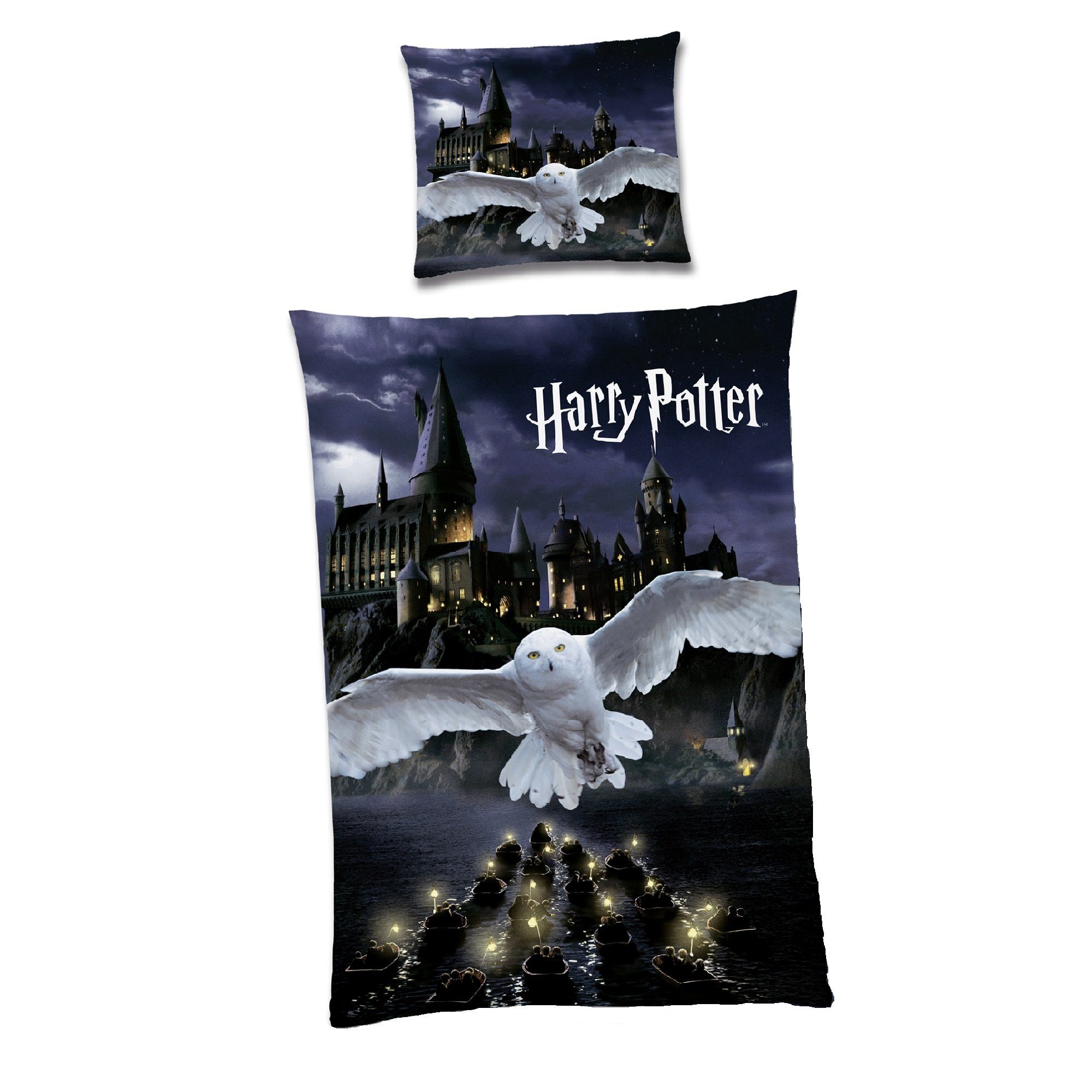 Jugendbettwäsche Harry Potter Eule 135x200 + 80x80 cm aus 100% Baumwolle, Familando, Renforcé, 2 teilig, mit Eule Hedwig und Hogwarts