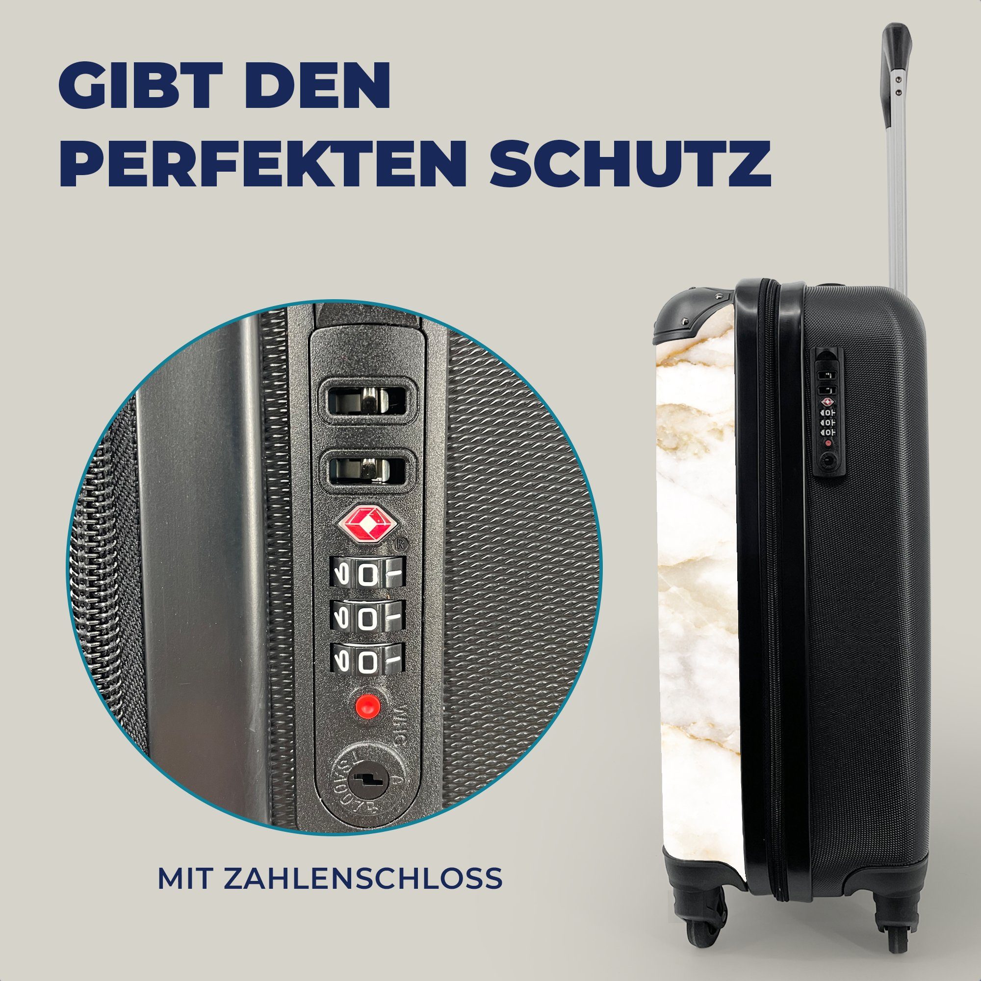 Handgepäckkoffer MuchoWow Trolley, rollen, Ferien, Rollen, - mit 4 - für Limette - Marmoroptik Gold Handgepäck Reisekoffer Marmor - Reisetasche Weiß, - Luxus