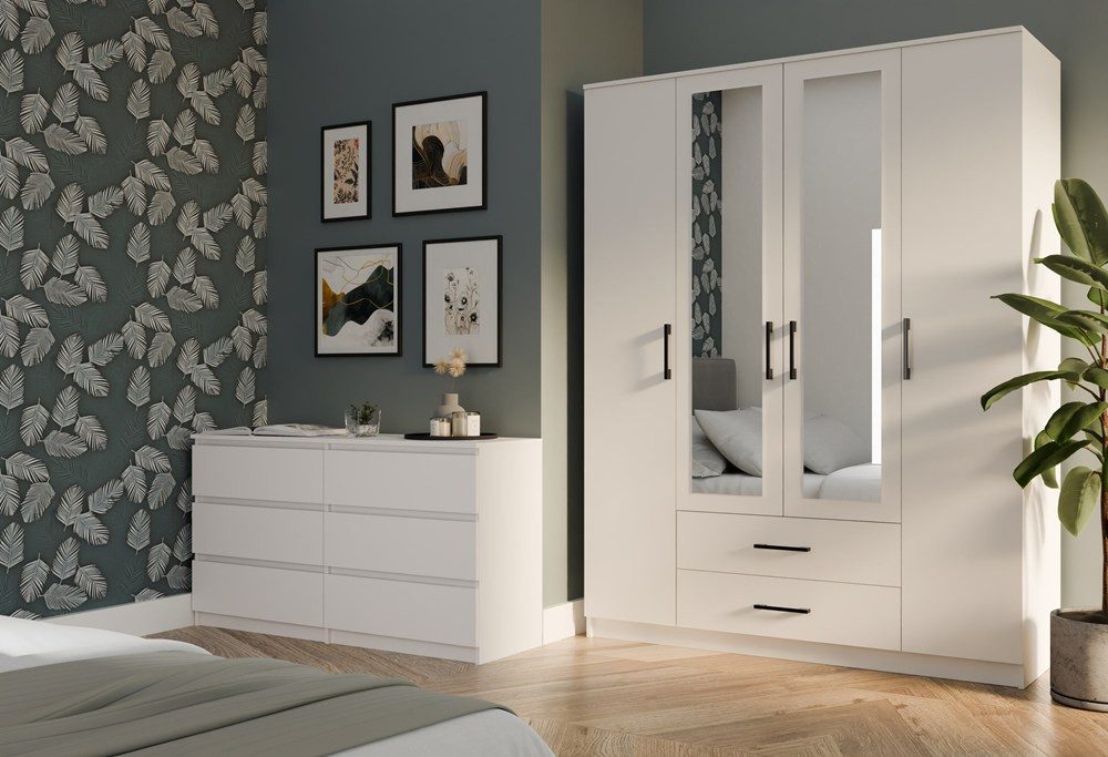 Raumhirsch Furniture Kleiderschrank Schrank, Kleiderschrank, Garderobenschrank (Maße: 160 x 54 x 205 cm, stabil & einfach Montage) Spiegel, 2 Schubladen, Kleiderstange, Regalfächer