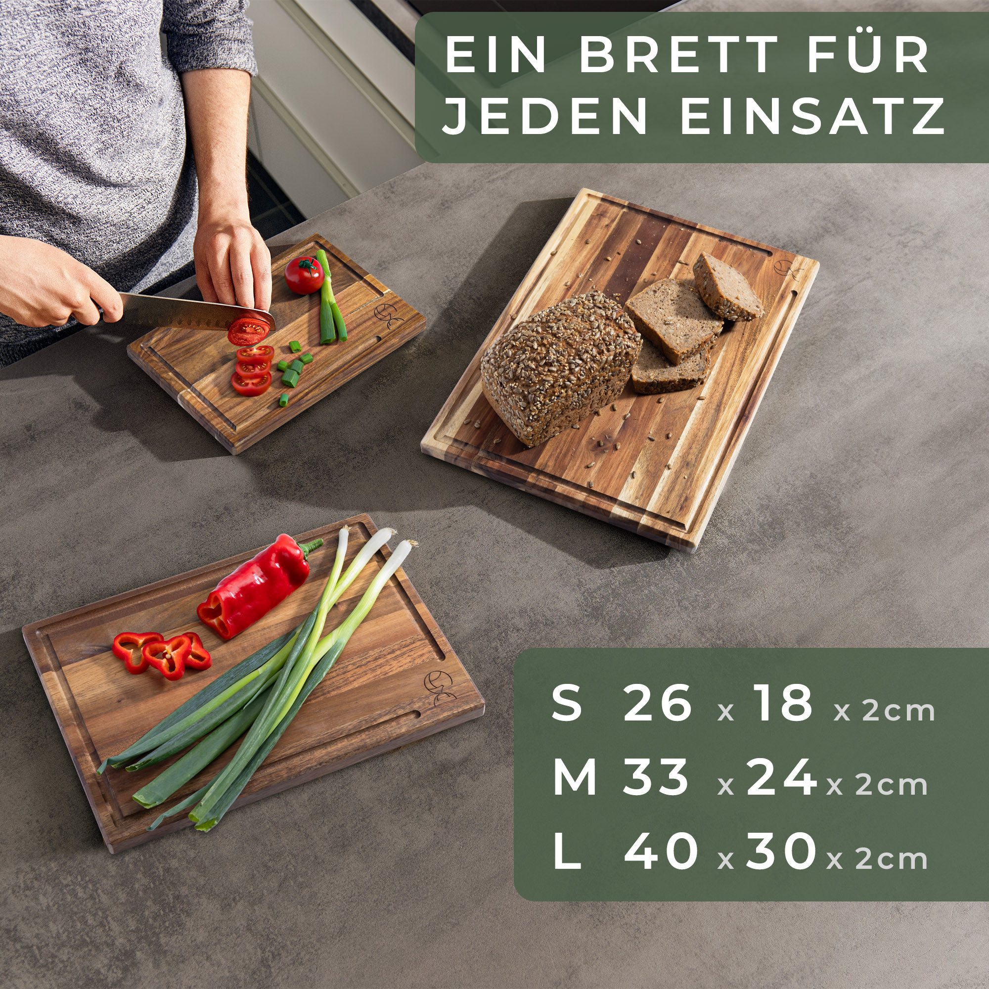Waldwerk Schneidebrett Schneidebrett 3er Set (40x30 / 33x24 / 26x18cm) aus massiver Akazie, (3-St), Set mit Brettständer - 2cm dicke Holzbretter mit Saftrille