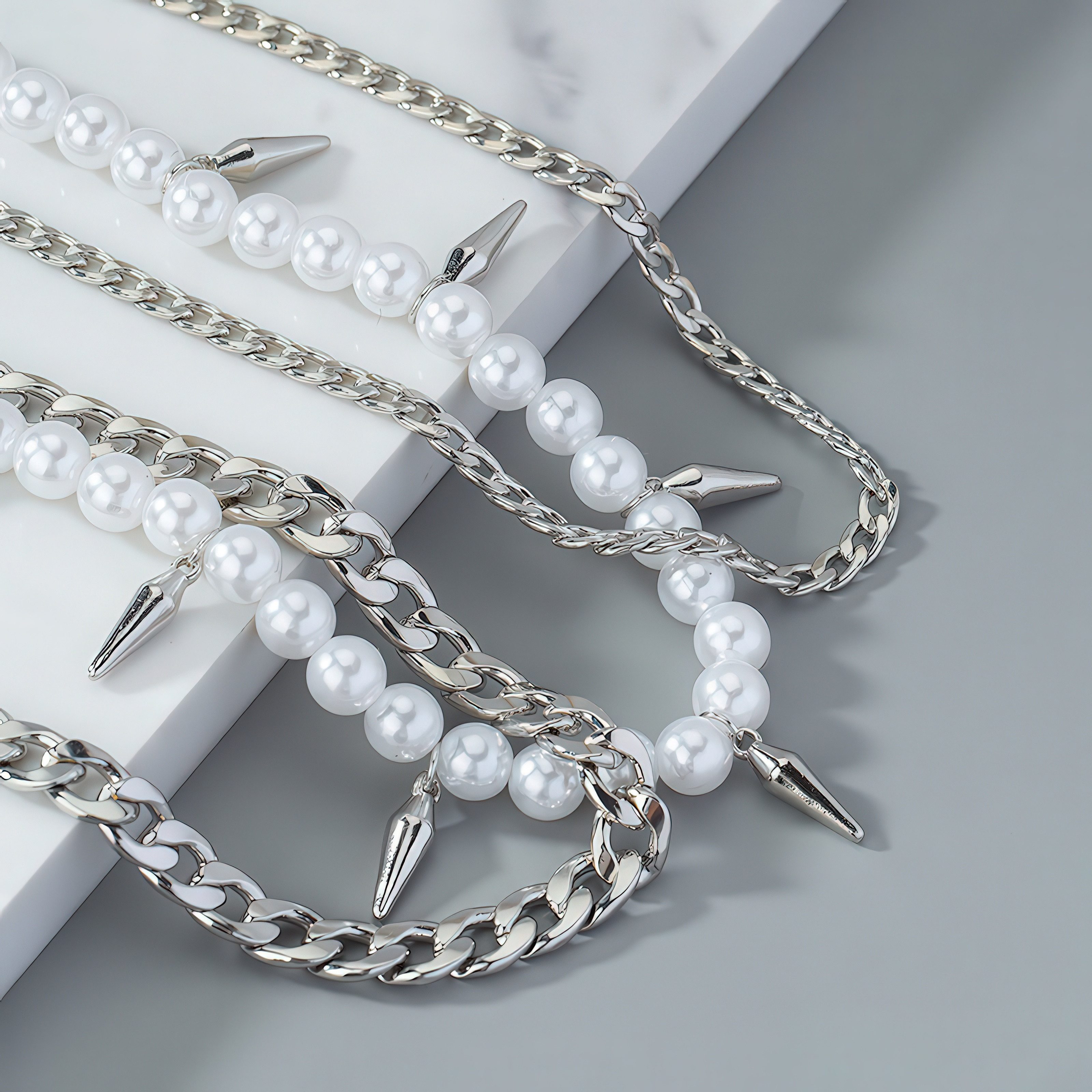 salazar.plus Perlenketten-Set Perlenkette mit Nieten Kubanische Kette Edelstahl 3er Set Herren (3er Set)