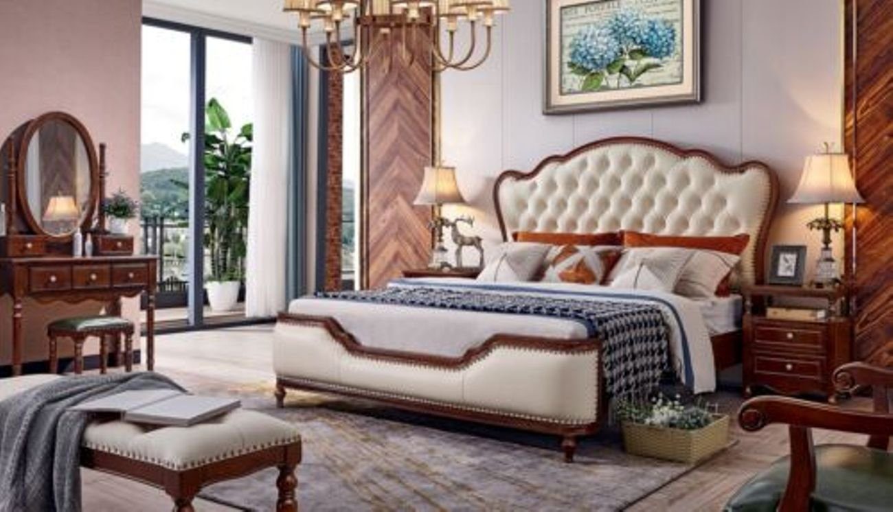 JVmoebel Schlafzimmer-Set Bett 2x Nachttische Schminktisch Bank Möbel Luxus Holz 6tlg Set