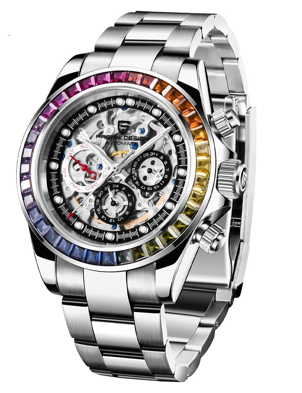 Pagani Design Automatikuhr Skeleton Automatik Chronograph Herrenuhr Saphir Rainbow Daytona 40mm