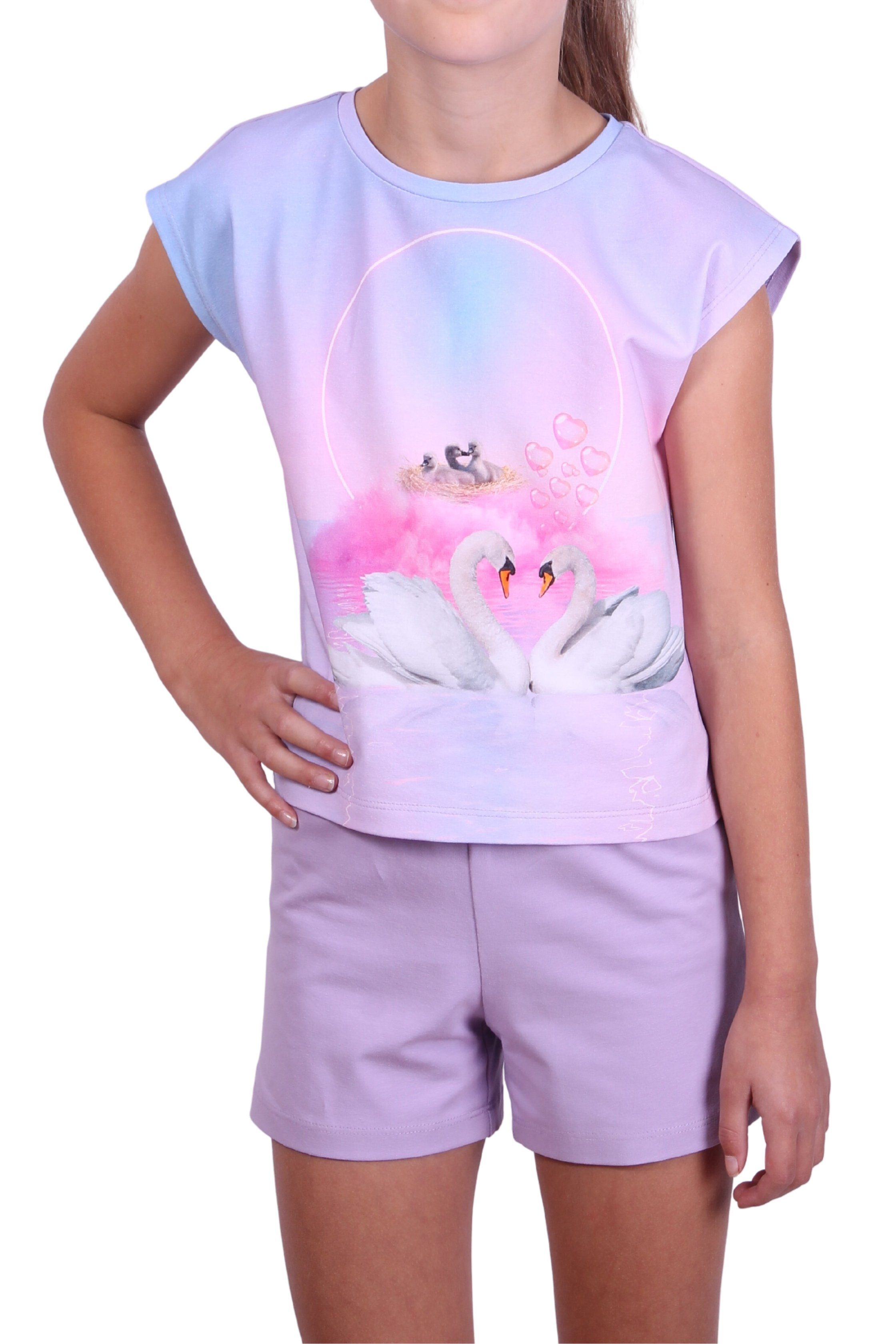 Mädchen Allover-Print coolismo Shorts) & & mit Shorts Schwäne 2-tlg., Motiv-Print für niedliche Set Baumwolle, Flieder (SET, T-Shirt T-Shirt