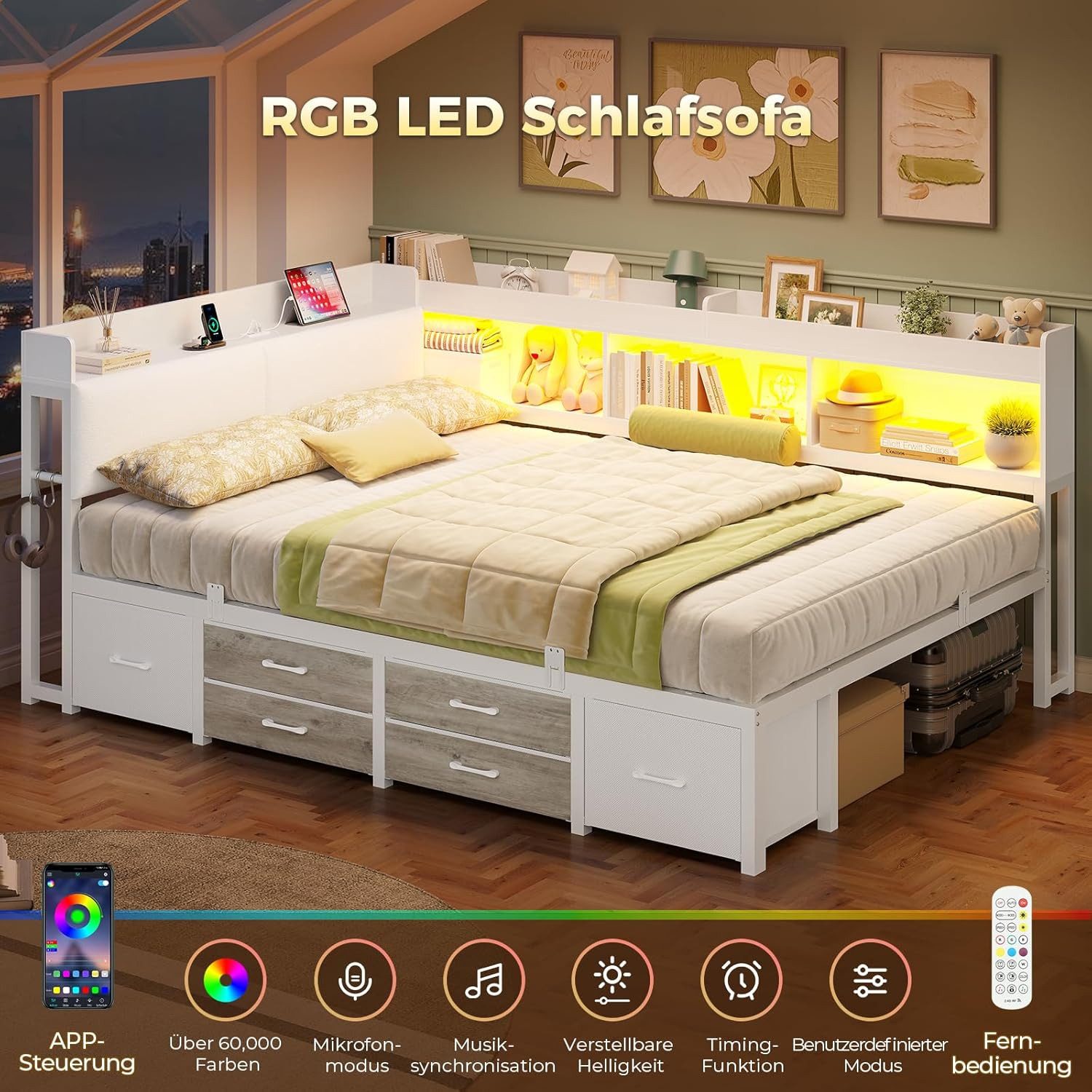 MSMASK Daybett Tagesbett Schlafsofa mit LED-Beleuchtung & Ladestation, Jugendbett mit 6 Staufächern und 6 Schubladen – Liegefläche 140x190 cm – Bild 4 von 5