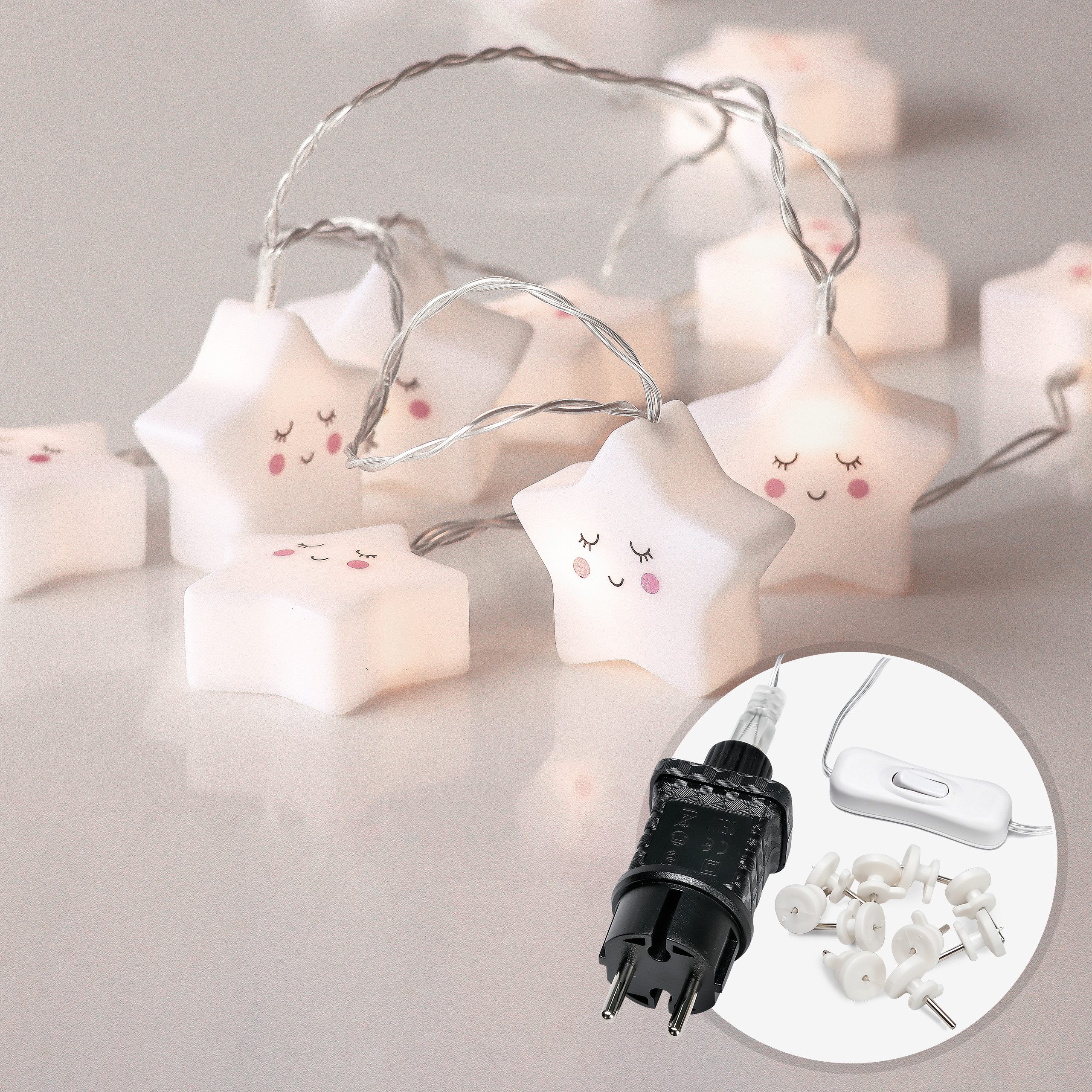 COZY HOME LED-Lichterkette Sternen Batterie und Stecker, 20 LED I 5m I Warmweiße LED-Stern Lichterkette I Kinderbett Bunt Deko