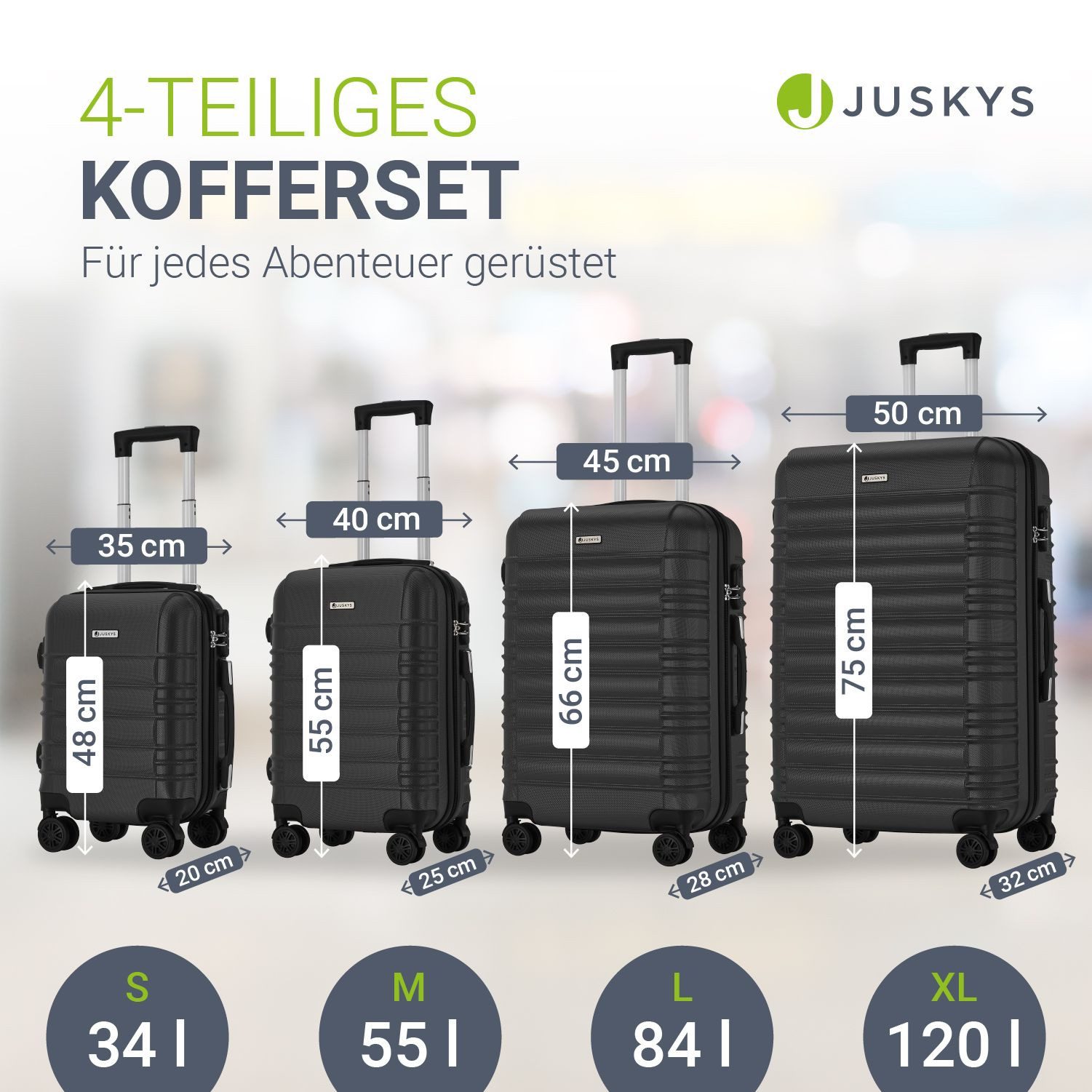 Juskys Trolleyset Rom, 4 Rollen, (4 tlg., 4-teilig), 4 Koffer, 360° Rollen, robuste Hartschale, mit Zahlenschloss