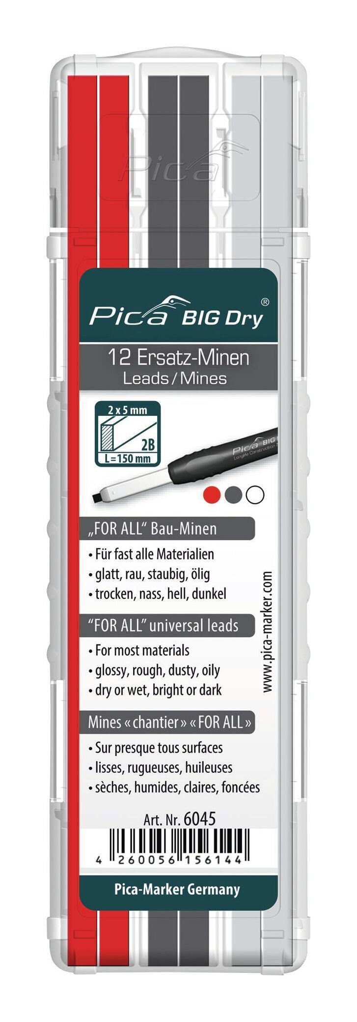 Pica Bleistift, (12 Stück), Minen-Set für Zimmermanns BIG Dry FORALL Bau Graphit, weiß, rot