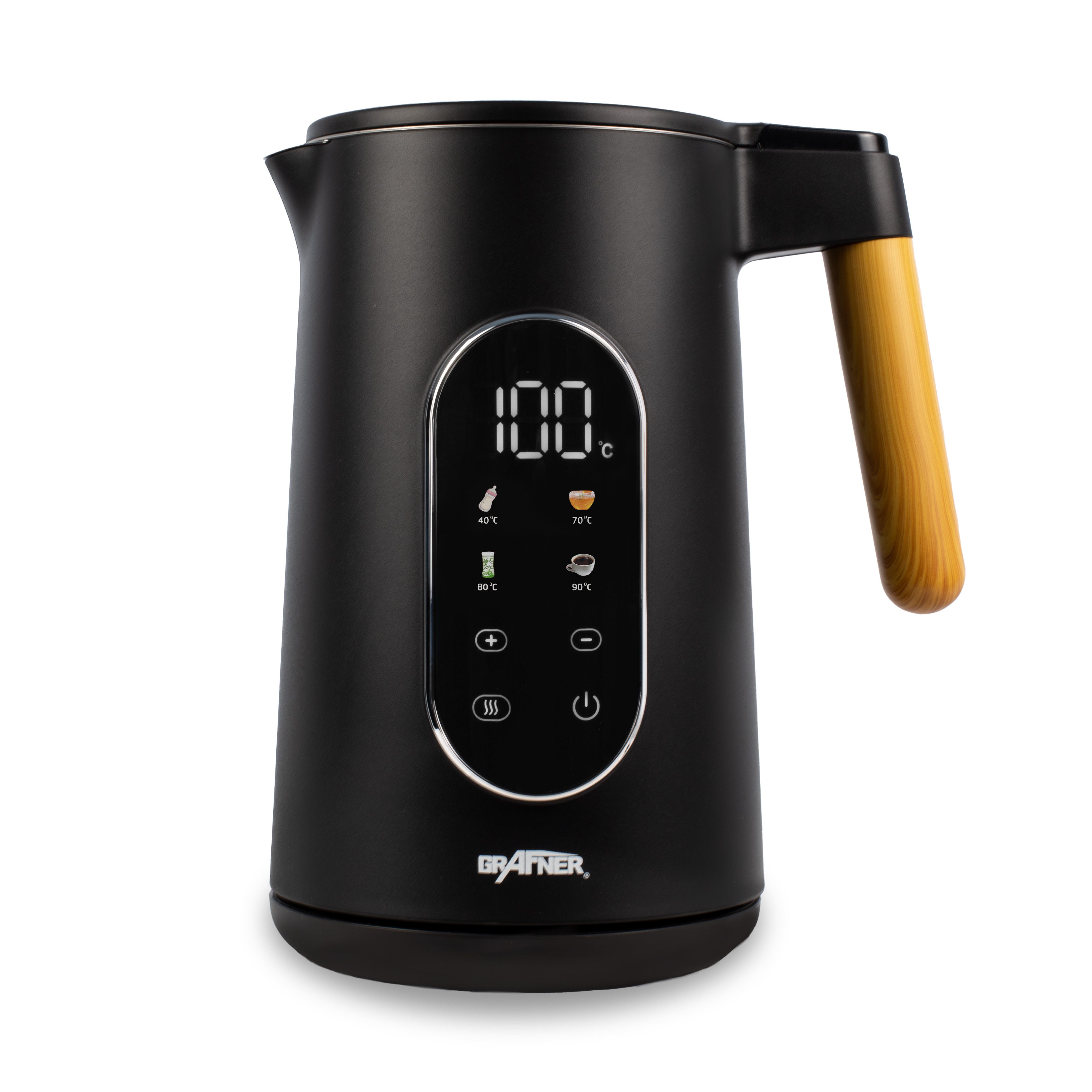 Grafner Елктрочайники Елктрочайники Edelstahl Holzdekor Temperatureinstellung Display 2200W, 2200 W, Edelstahl, schwarz
