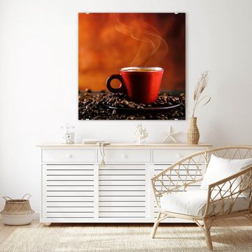 Primedeco Glasbild Wandbild Quadratisch Kaffeebohnen und heisse Tasse mit Aufhängung, Kaffee