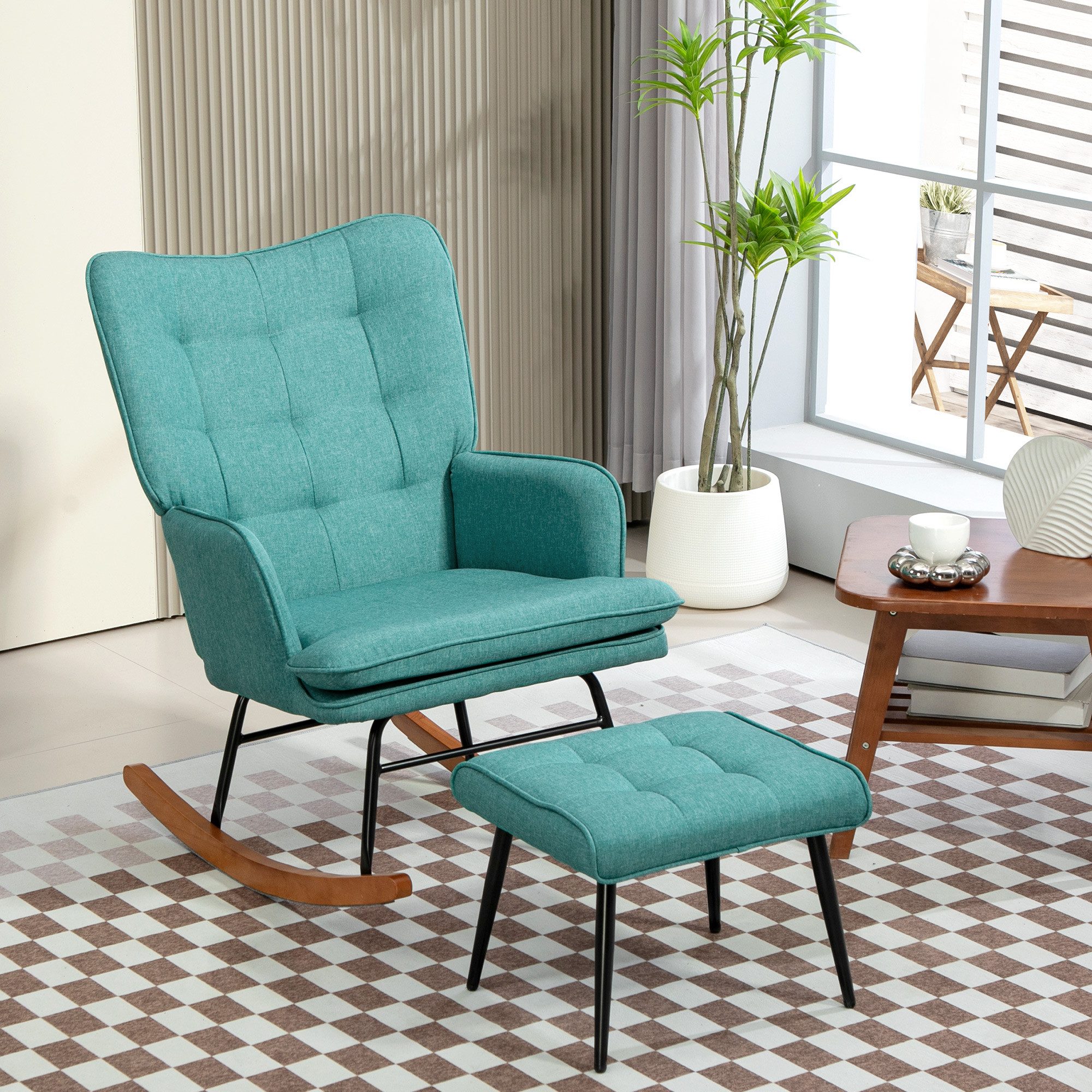 HOMCOM Schaukelsessel Schaukelstuhl mit Hocker, Sessel mit Leinenoptik (Schaukelstuhl, 2-St., Schwingsessel), für Wohnzimmer, Schlafzimmer, 64L x 89B x 90H cm, Dunkelgrün