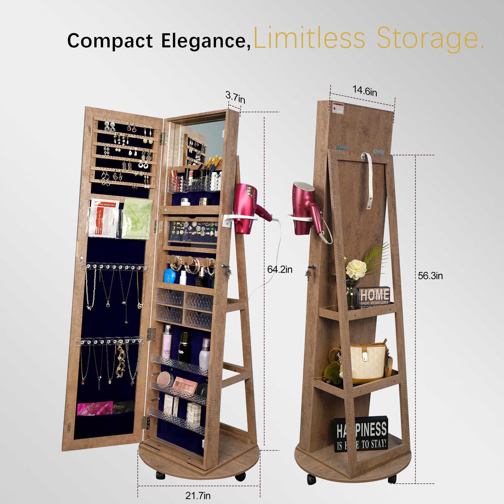 STARLEAD Schmuckschrank mit Ganzkörperspiegel-165×50 cm, Holzfarbe, günstig online kaufen
