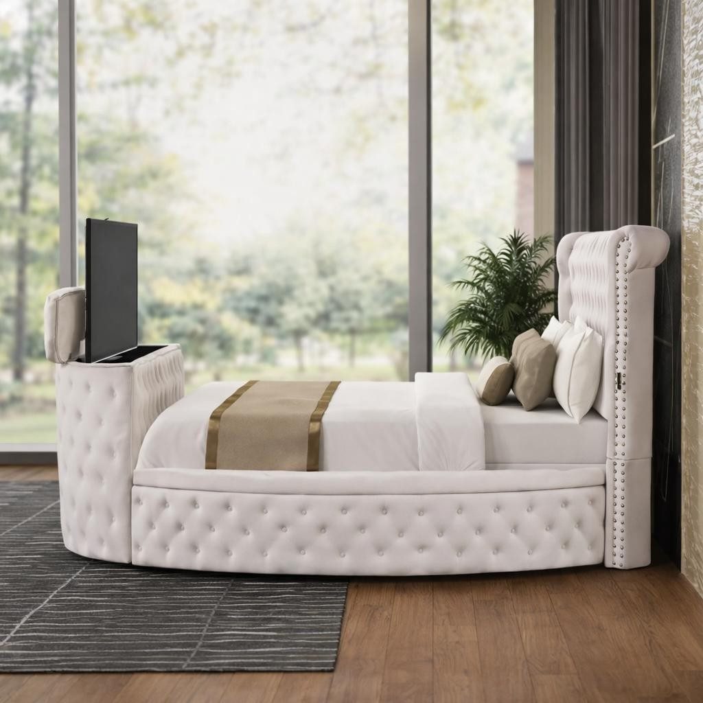 Xlmoebel Multimediabett Modernes Rundbett aus Holz in Grau – Luxuriöses Polsterdesign (Bett, 1-tlg., Rundbett 270x200), Made in Europa