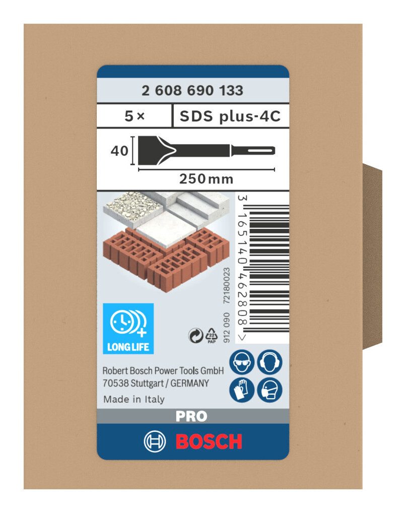 BOSCH Universalbohrer Pro SDS plus-4C, (5 Stück), SDS plus-4C Spatmeißel, 40 x 250 mm - 5er-Pack