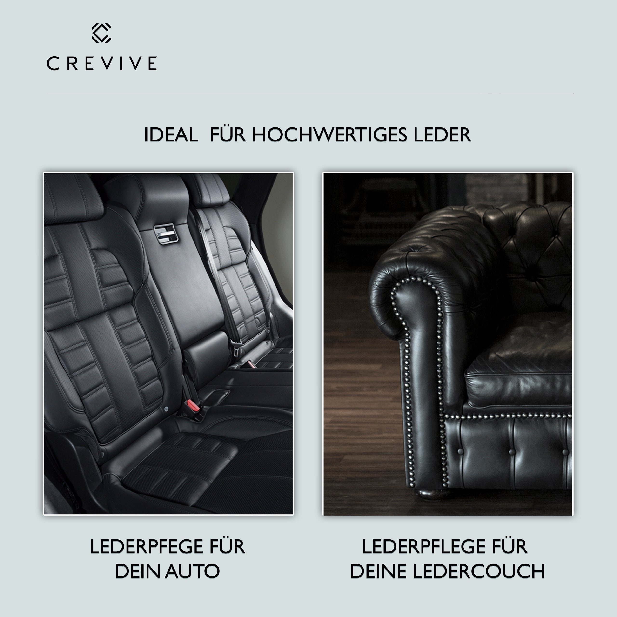 CREVIVE Lederpflegeset (SPARSET, Lederreiniger + Lederpflege + 1x Schwamm + 2x Tuch), mit Aloe Vera, Lederpflege Sofa, Lederpflege für Ledercouch, Auto