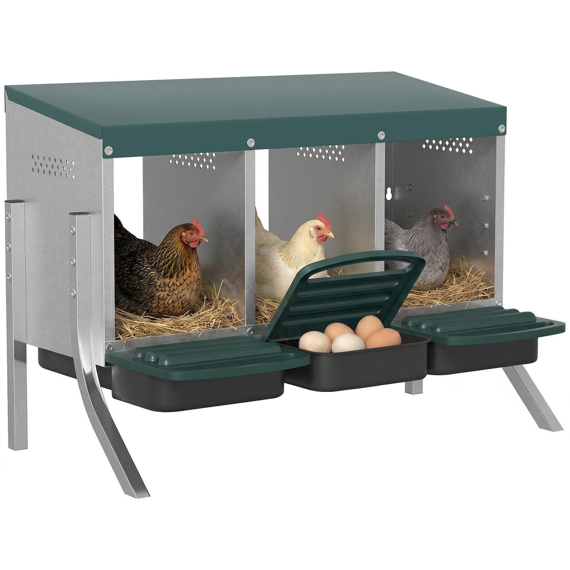 karlskopf Legenest 3-Fach Legenest für Hühner, Abrollnest mit Belüftung, 84x55x61 cm, verzinkter Stahl, silber, für 3 Hühner