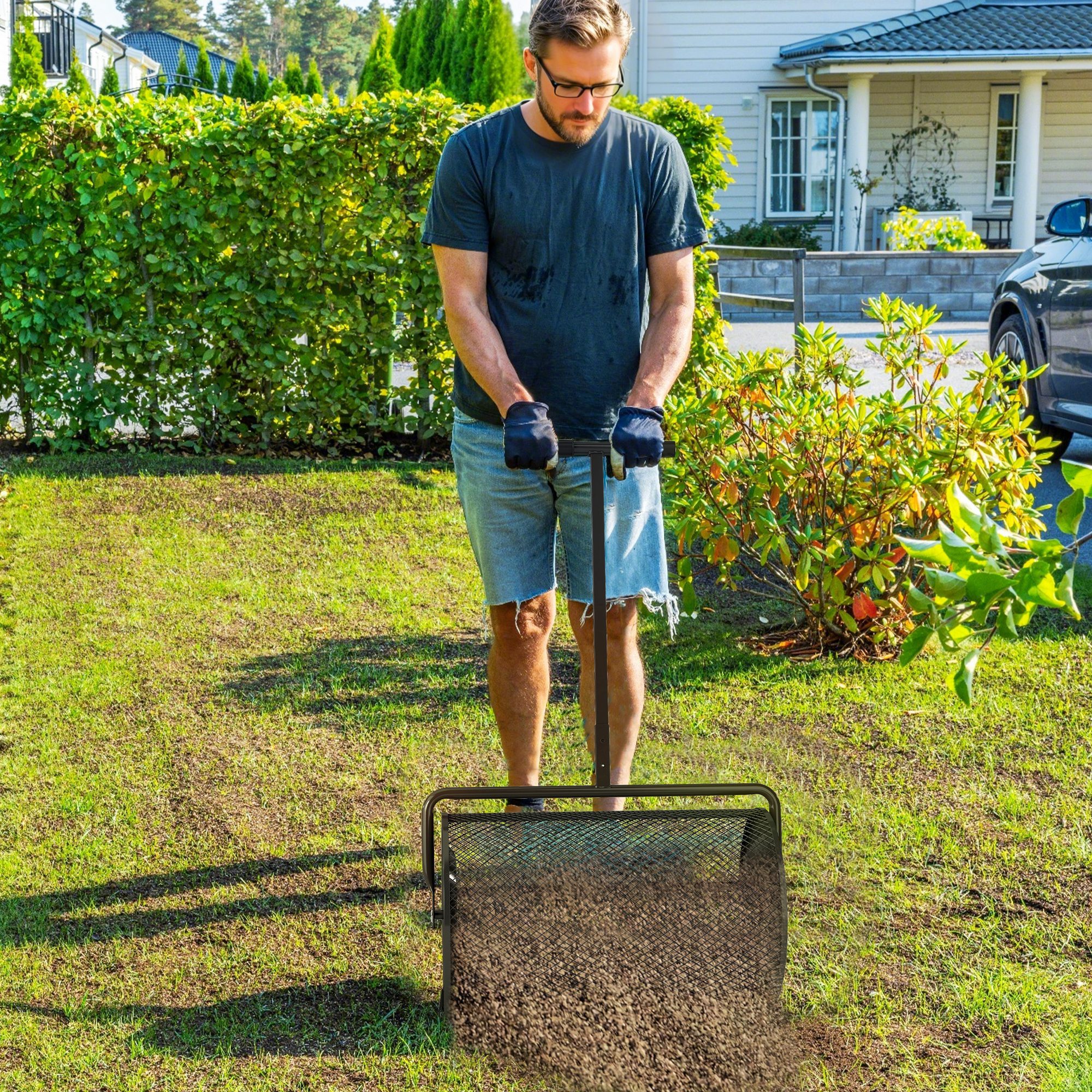 Outsunny Streuwagen Gartenstreuer mit T-Griff Mesh-Korb Metall Saatgutstreuer, 40 cm Arbeitsbreite, 75 l Füllmenge, (Düngerstreuer Rasen Garten, 1-tlg., Kompoststreuer), für Kompost, Mist, Dünger, Saat, Schwarz