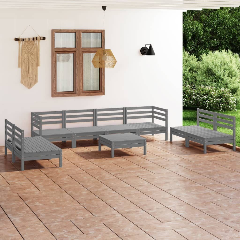 vidaXL Gartenlounge-Set 9-tlg. Garten-Lounge-Set Grau Massivholz Kiefer, (1-tlg)