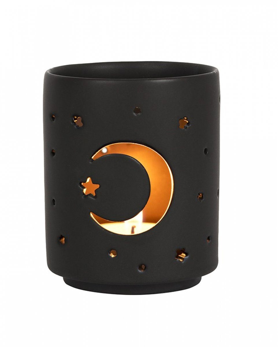 Horror-Shop Kerzenständer Schwarzer Teelichthalter mit Mond & Sterne