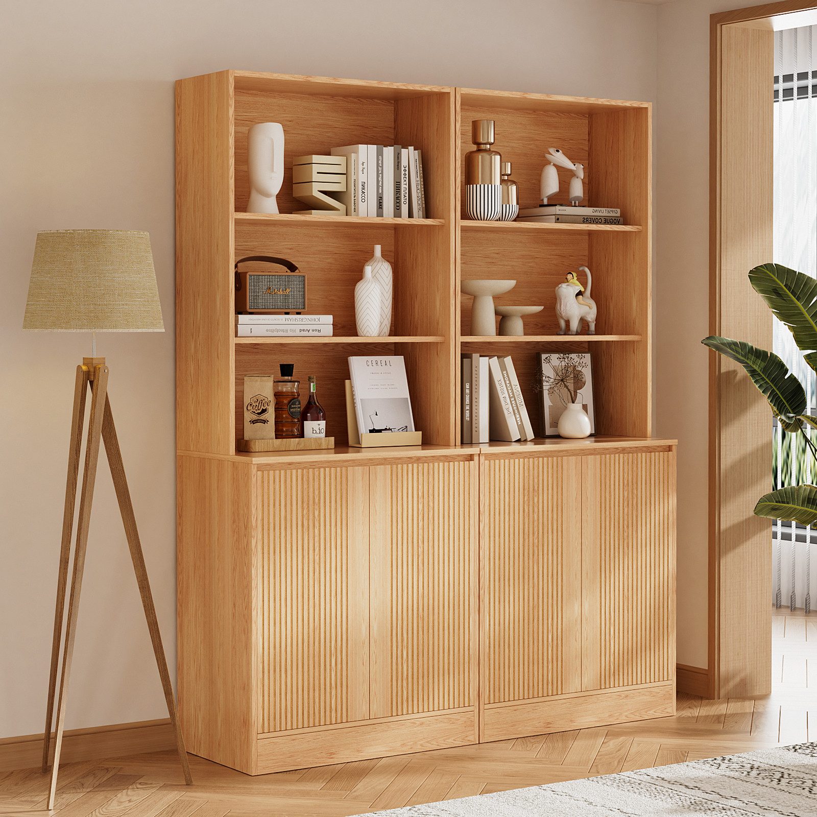 VOWNER Bücherregal 5-stöckig mit 2 Holztüren, 180 cm hoher Standregal mit offenen Fächern, 2-tlg., Mehrzweckschrank, Wohnzimmerschrank, Küchenregal, Sideboard – Bild 4 von 5