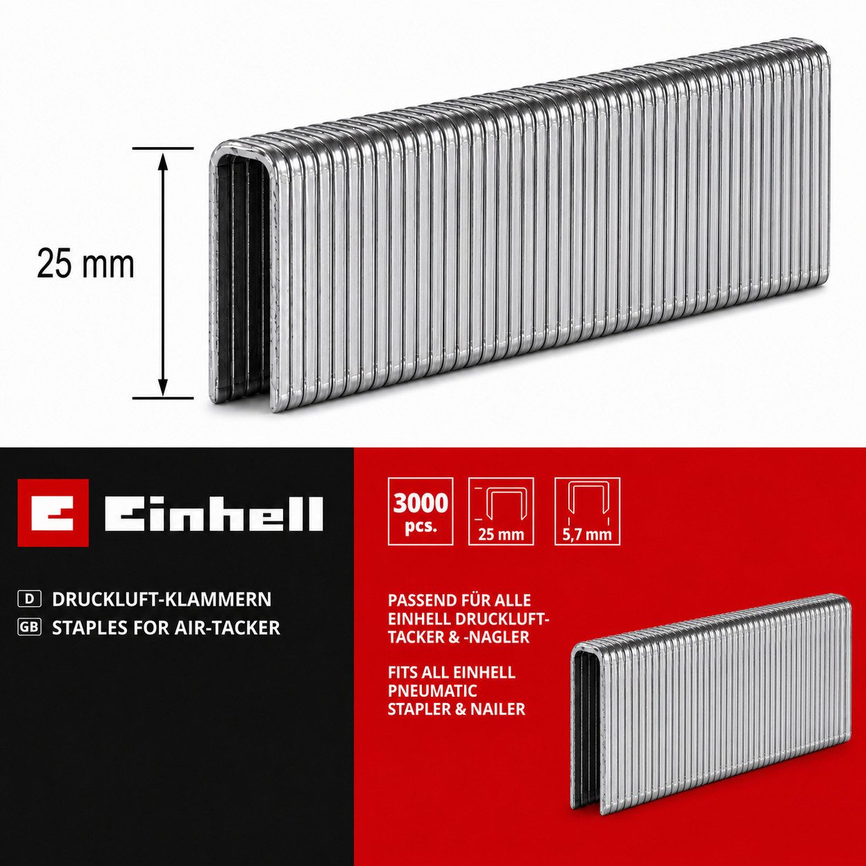 Einhell Tackerklammer Einhell Klammern 3.000 Stk, 5,7 x 25 mm für Fixetto + Druckluft-Tacker