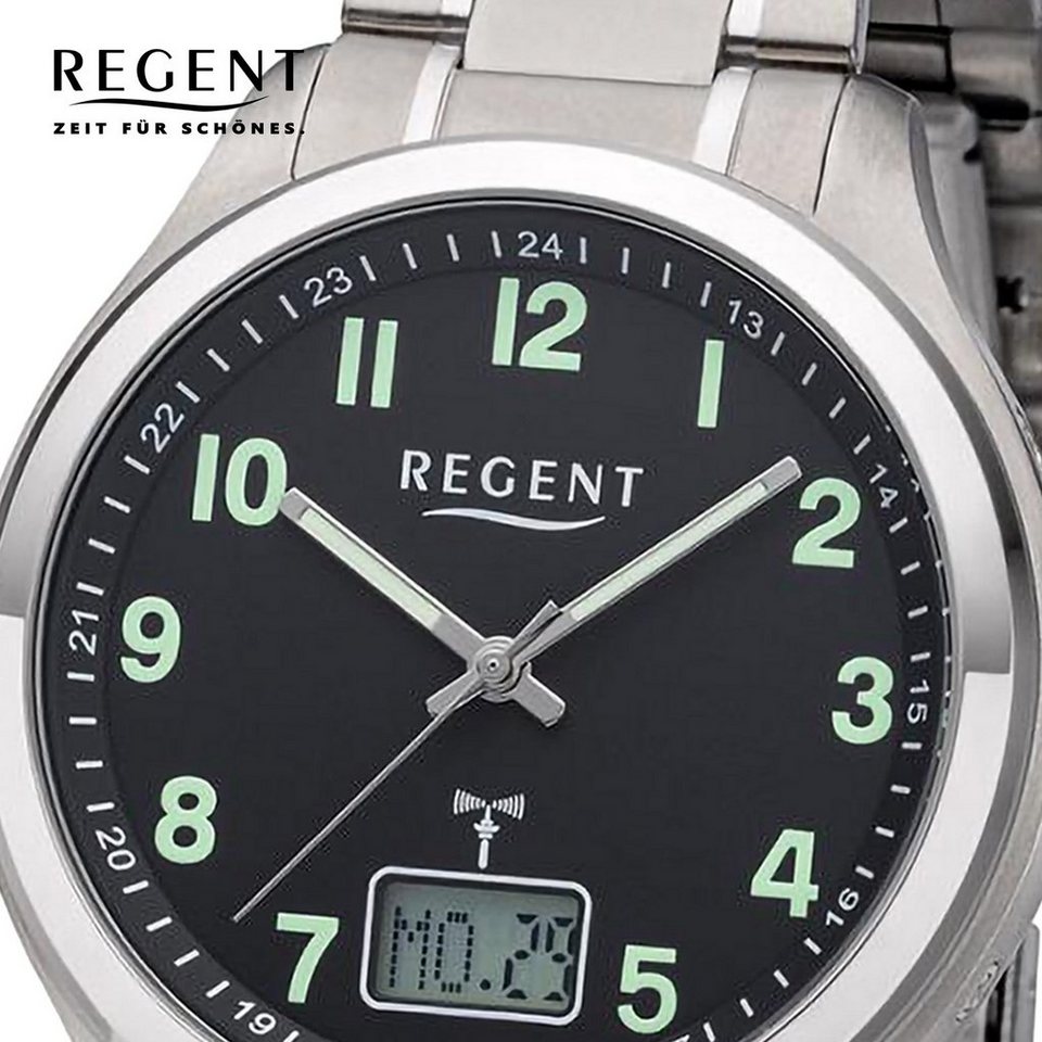 Regent Funkuhr Regent Herren Funkuhr Analog-Digital, Herren Funkuhr rund,  extra groß (ca. 42mm), Titanarmband, Titangehäuse