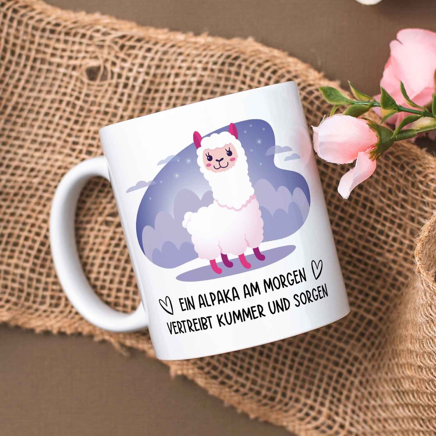 GRAVURZEILE Tasse bedruckt mit Spruch - Alpaka am Morgen - Lustige Geschenke, Keramik, - Farbe: Weiß
