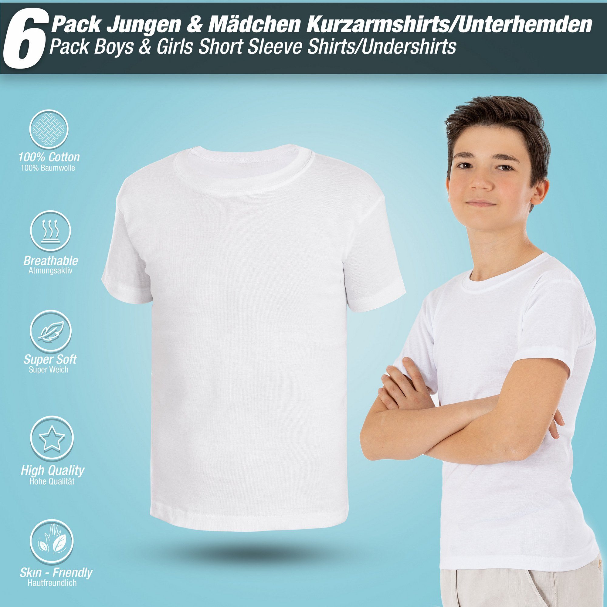 LOREZA Unterhemd Jungen & Mädchen Unterhemden Kurzarm Shirt - T-Shirt 100% Baumwolle (Spar-Packung, 6-St., 6er-Pack)