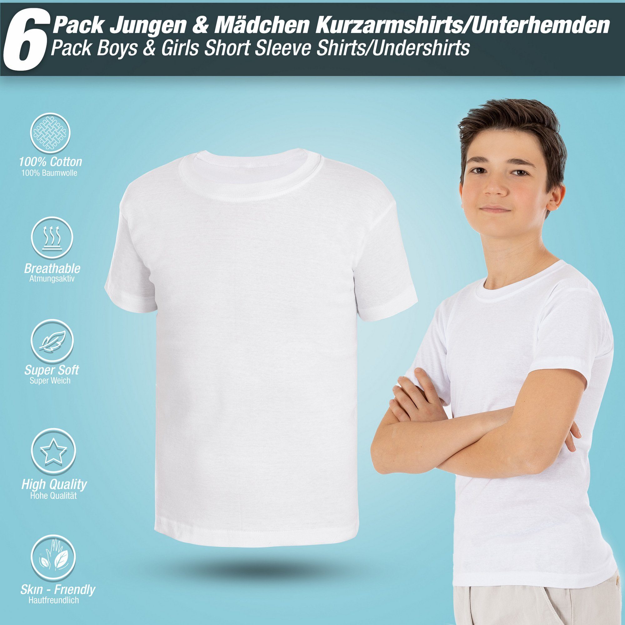 Shirt Unterhemden - LOREZA Mädchen Jungen 6-St) Kurzarm 100% T-Shirt Baumwolle (Spar-Packung, & Unterhemd