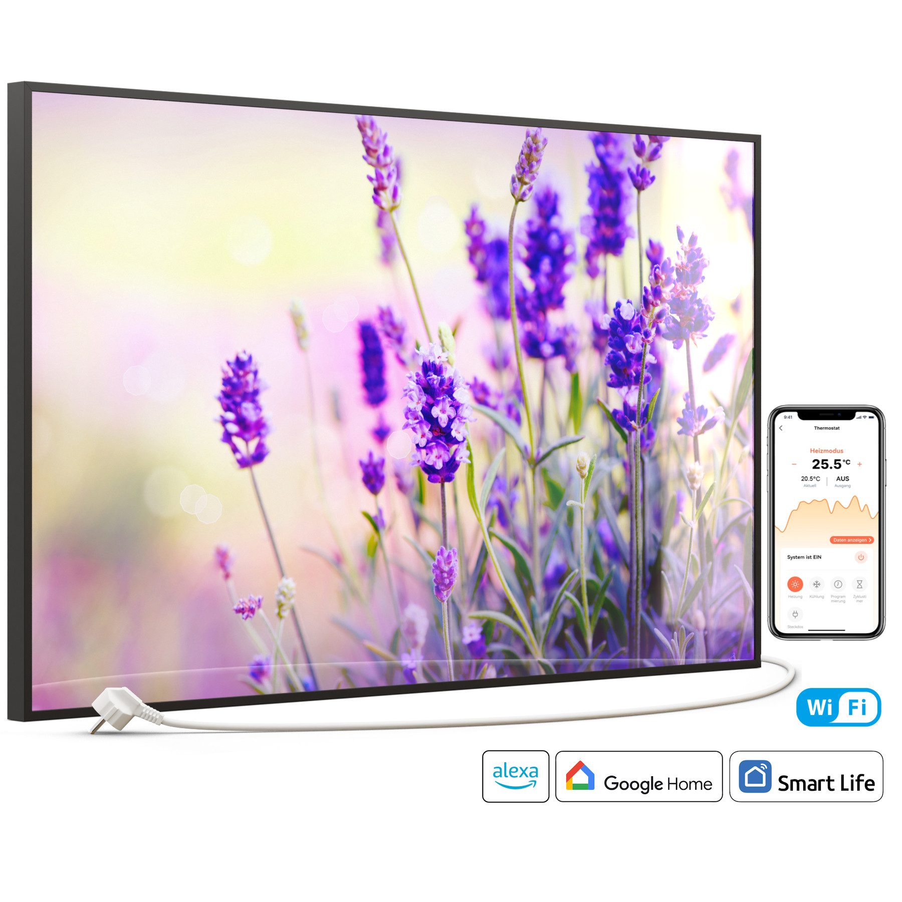 STEINFELD Heizsysteme Infrarotheizung Glas-Bild 600W, 100x60cm, Made in Germany, 7 Jahre Garantie, mit Thermostat, Schwarz