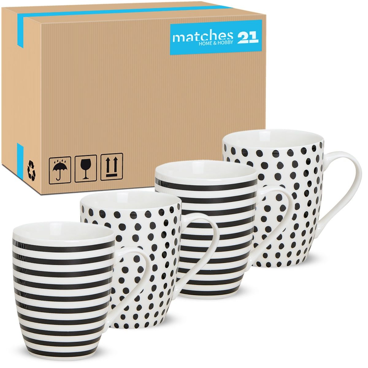 matches21 HOME & HOBBY Tasse Kaffeetassen 48er Set Punkte Streifen Design gepunktet, Porzellan, Tee Kaffee-Becher modern weiss schwarz gestreift 300 ml
