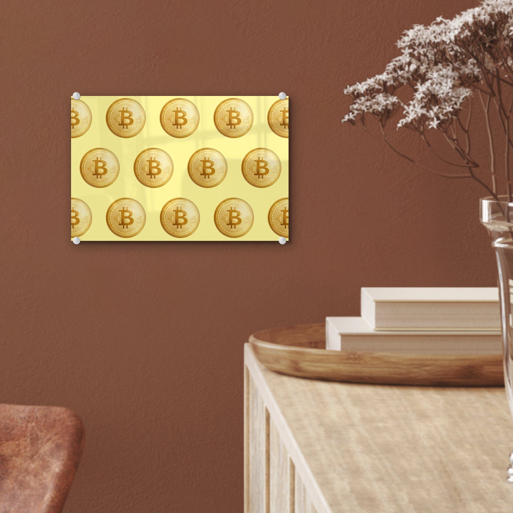 auf Muster Bitcoin auf Glasbilder - Wandbild Gelb, - Wanddekoration St), Acrylglasbild Glas Glas MuchoWow - - Foto Gold (1 Bilder - -