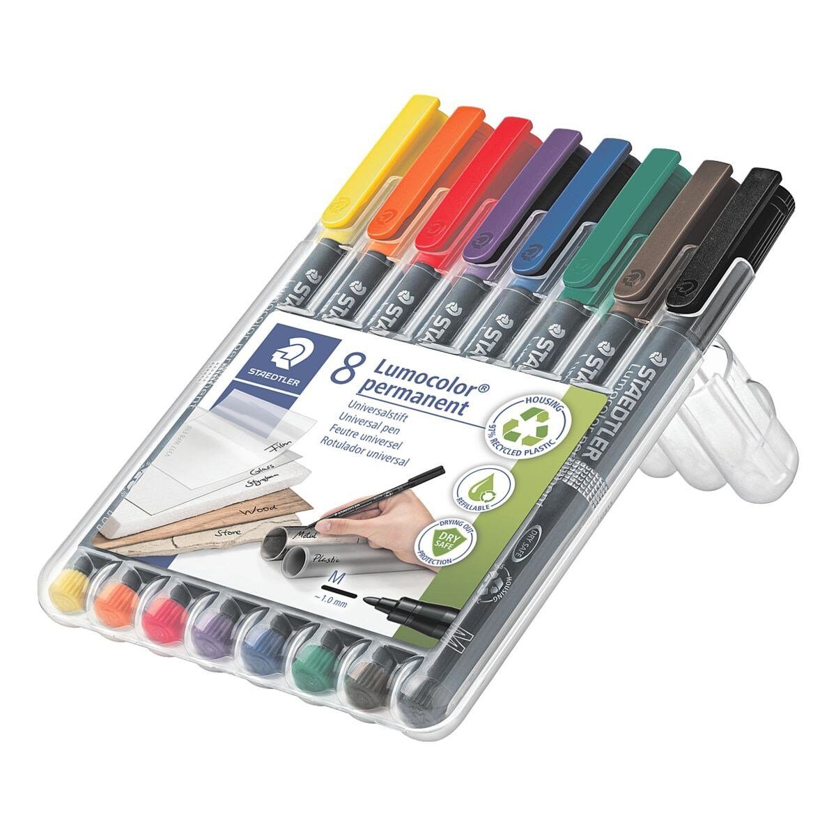 STAEDTLER (8-tlg), rot, wasserfest Permanentmarker orange, braun und wisch- grün, permanent Lumocolor M, violett, schwarz, blau, gelb,