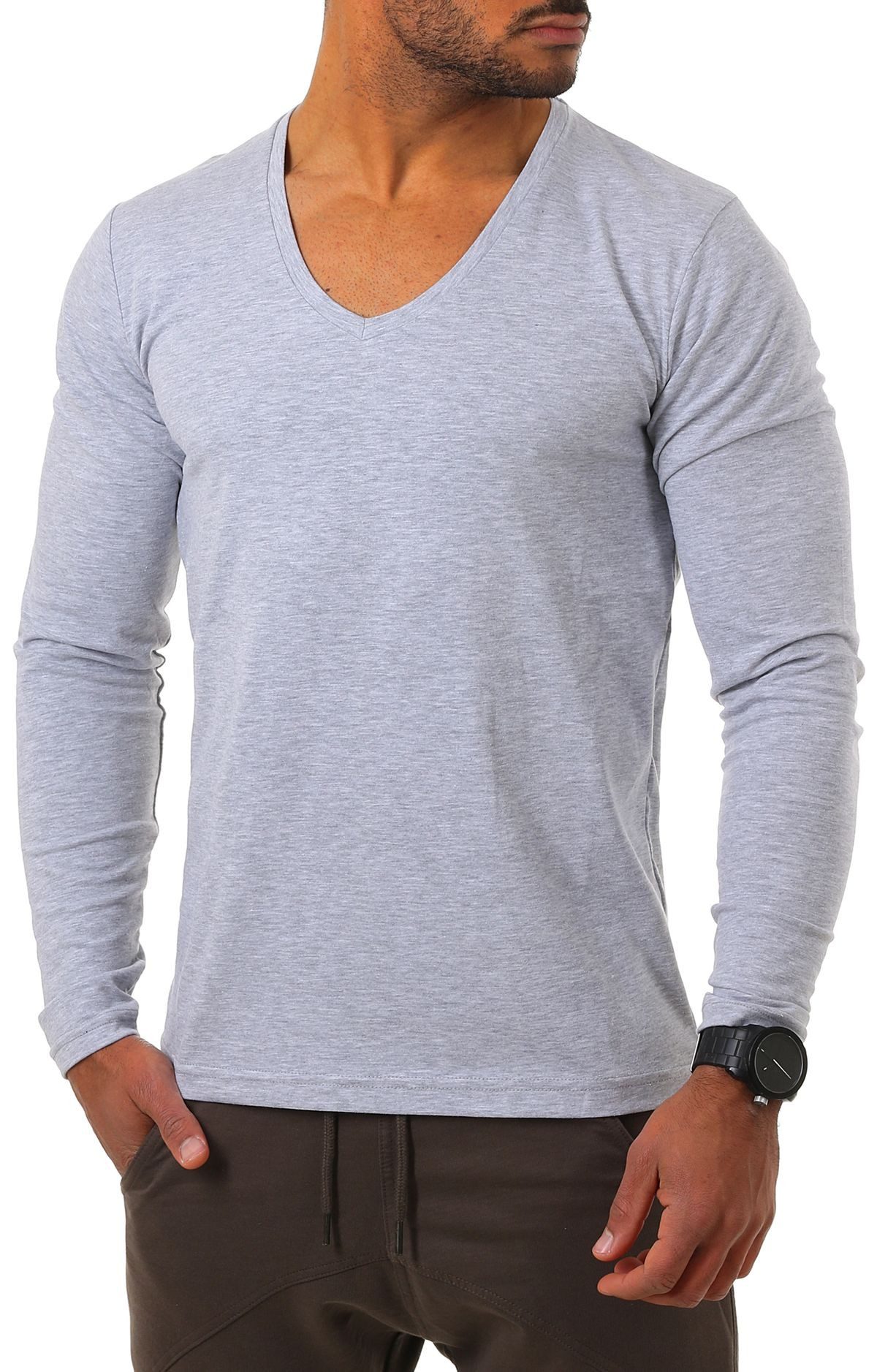 Young & Rich Langarmshirt Herren Uni Basic extra tiefer Ausschnitt Unterziehshirt 2239 5er Pack (5er-Pack, 5-tlg., 5er-Pack) V-Ausschnitt unifarben langarm slim fit