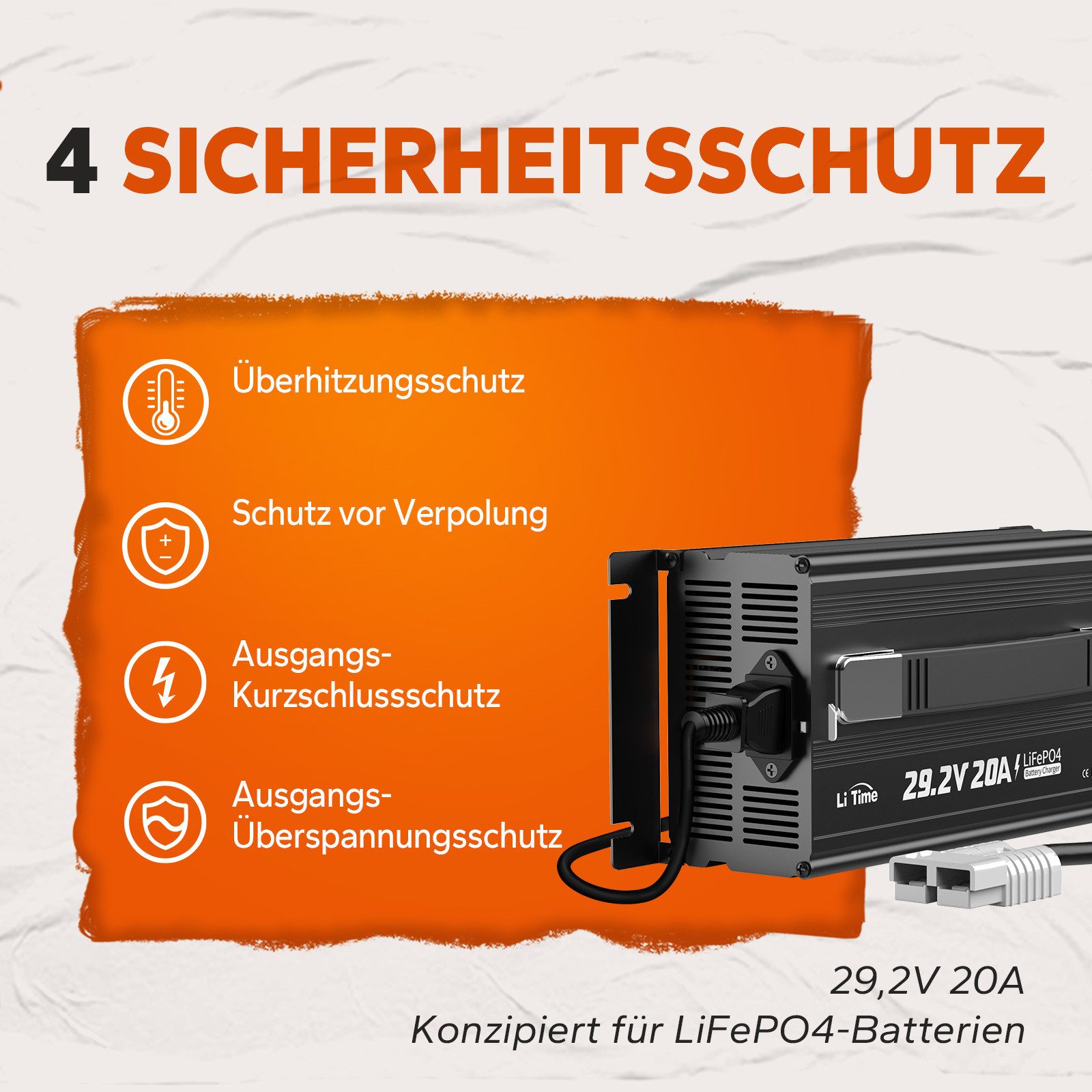 LiTime 29.2V 20A Lithium Batterieladegerät Akku-Set (1 St), Geeignet für 24V LiFePO4 Lithium Batterie