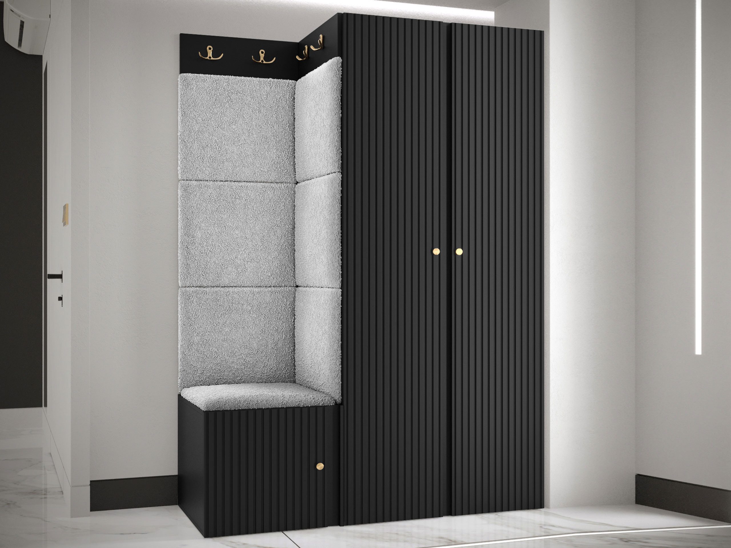 MIRJAN24 Garderoben-Set Orion Ryfel Slim XXIII, (Kleiderschrank, Schuhschrank, Kleiderhakenbrett, 7x Paneel 42x42), 8 Kleiderhaken für Kleidung, Metallgriffe